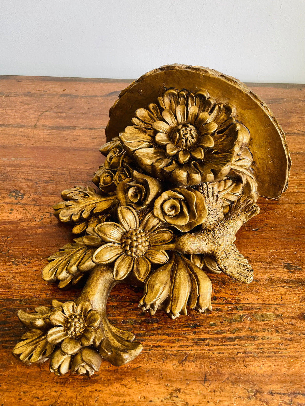 Vintage Gold Wall Floating Hanging Wall Shelf with Ornate Flower and Hummingbird Design