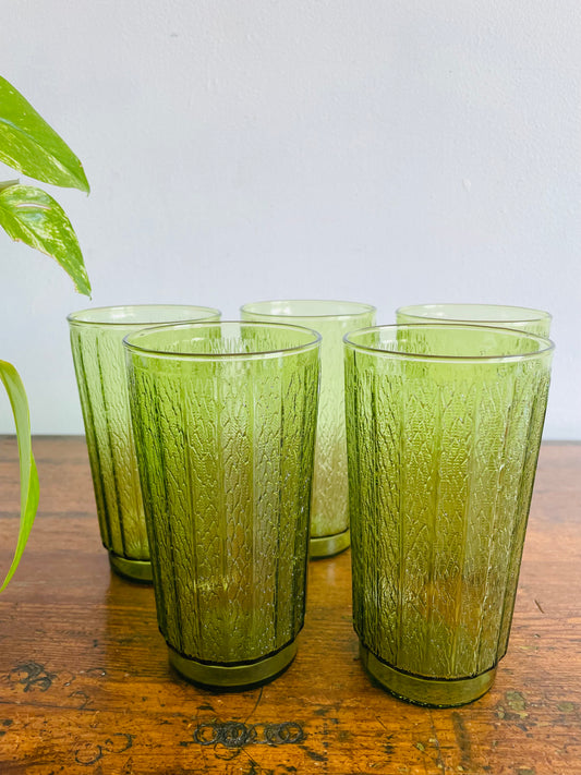 Anchor Hocking Sprucewood Green Reeded Glass Drink Tumblers - Set of 5 Glasses