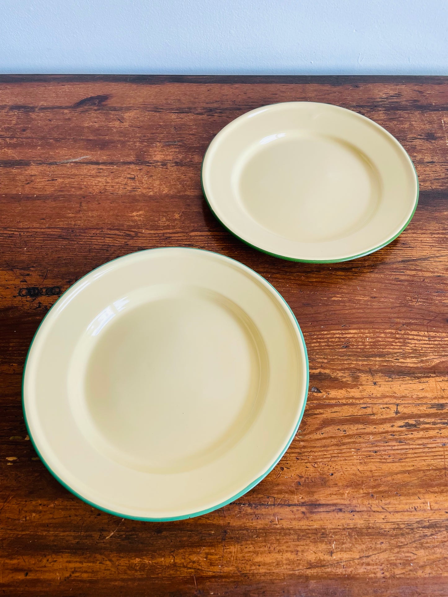 Vintage Goldfish & Peacock Brand Enamelware Plates - Pale Yellow with Green Rims - Set of 2