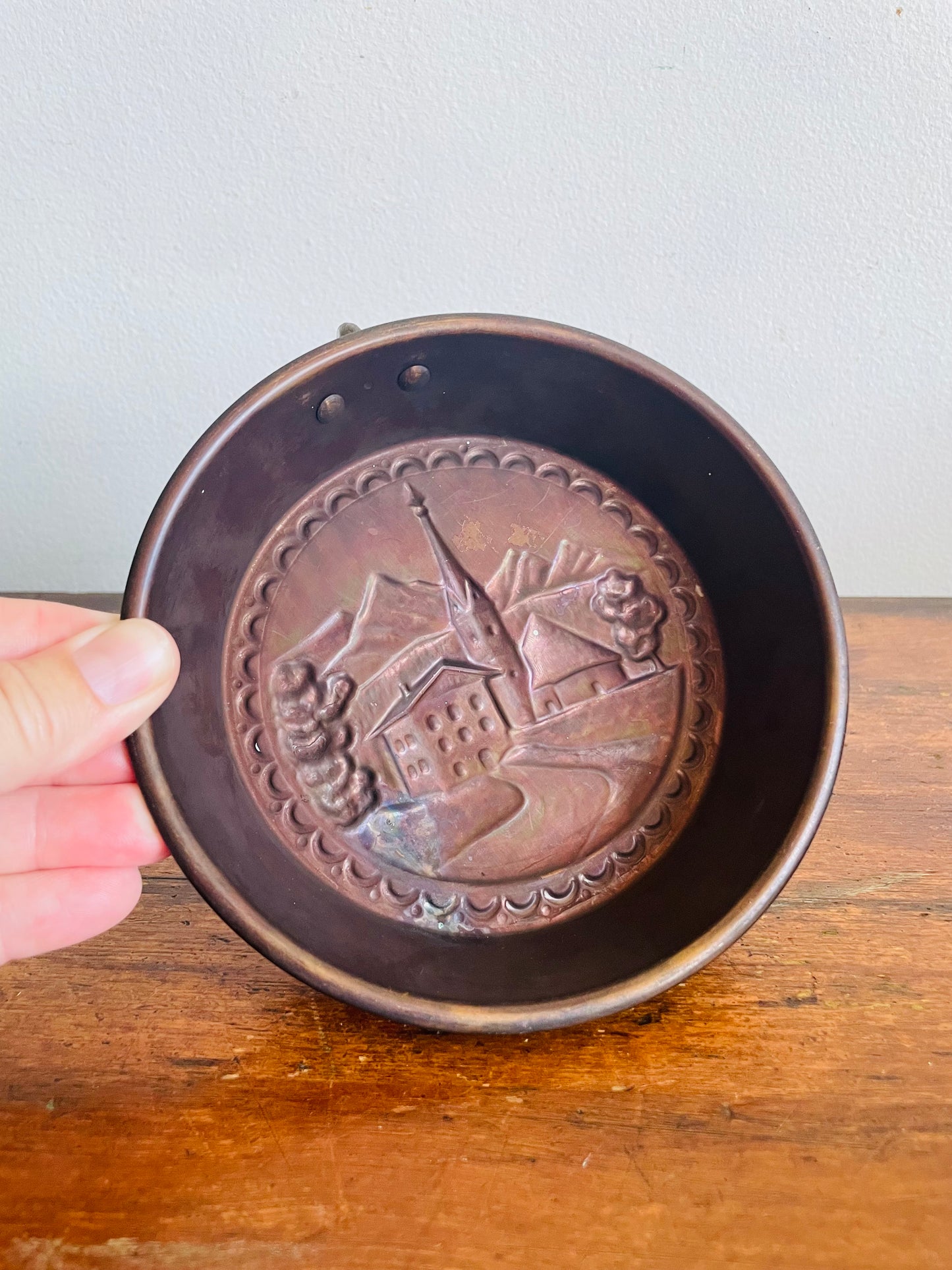 Vintage Round Copper Pan Jelly Mold Wall Hanging with Brass Hook for Hanging - European Village & Mountain Scene