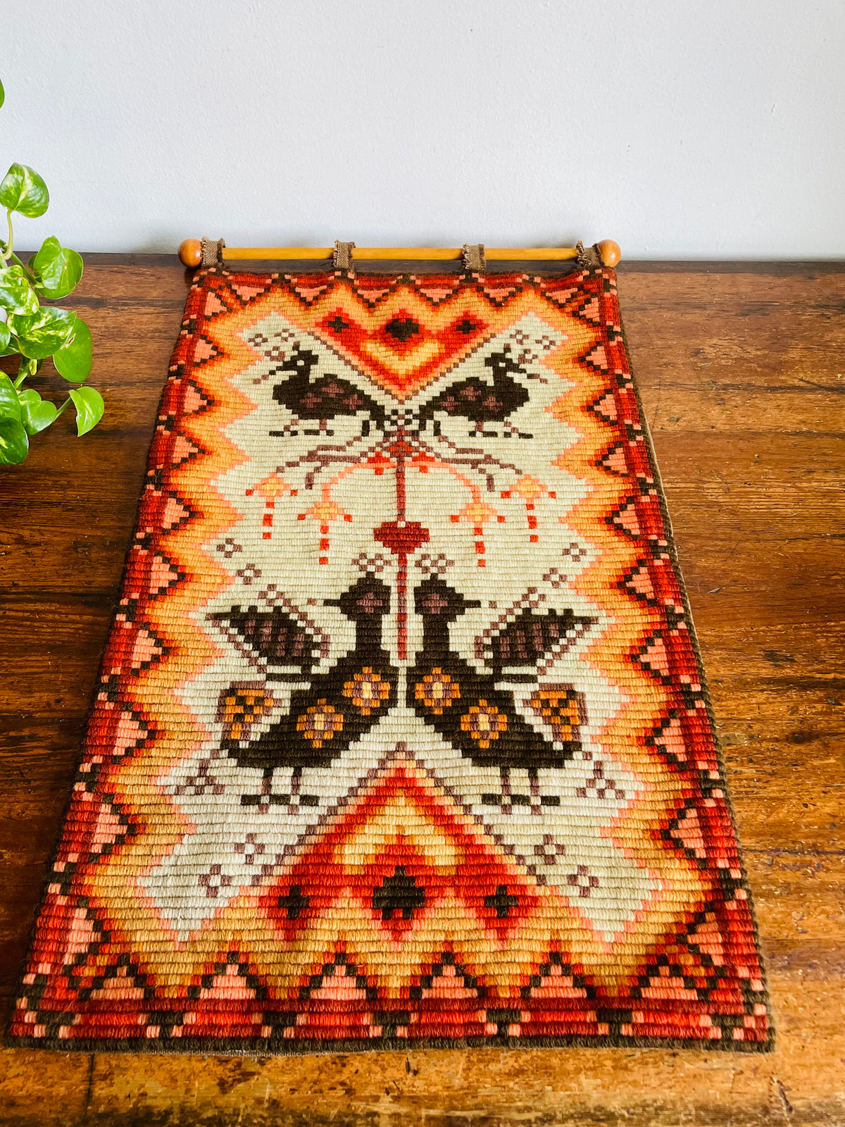 Vintage Mid-Century Modern Scandinavian Needlepoint Embroidery Wall Hanging Tapestry on Wood Dowel Rod - Orange, Red, Yellow, Brown & Cream Colours - Bird, Heart, Flower & Geometric Shape Design