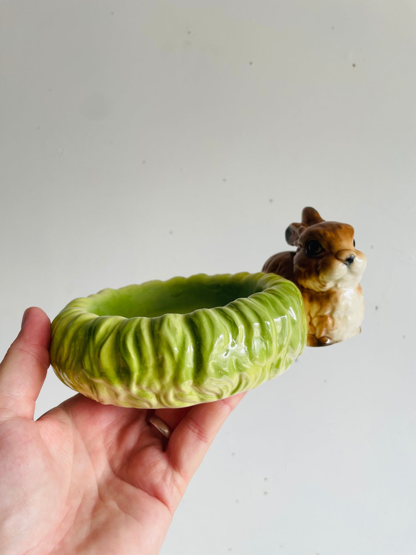 Vintage Goebel West Germany Adorable Brown Bunny Rabbit with Green Cabbage Trinket Jewellery Bowl Dish