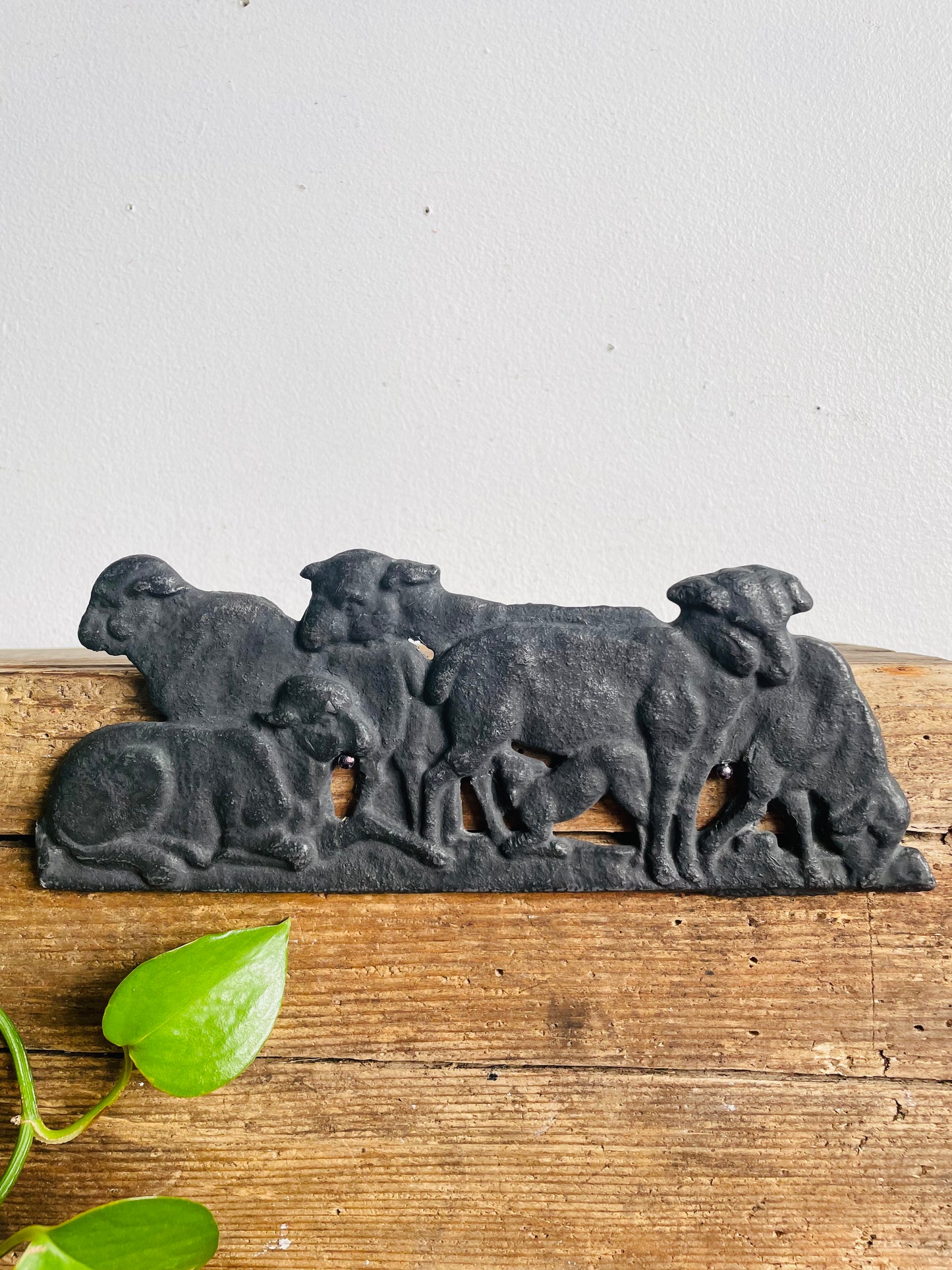 Vintage Very Sturdy & Heavy Cast Iron Wall Relief Plaque Picture - Herd of Sheep in Black Silhouette
