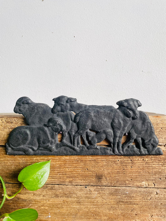Vintage Very Sturdy & Heavy Cast Iron Wall Relief Plaque Picture - Herd of Sheep in Black Silhouette