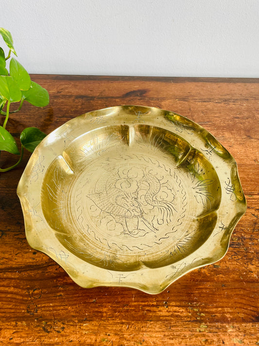 Vintage Solid Chinese Brass Footed Bowl with Etched Dragon Design