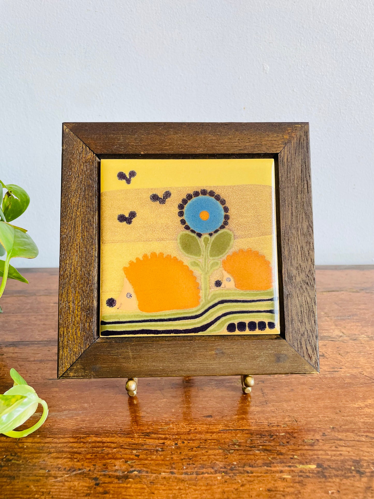 Vintage 1970s KMK Manuell German Hand Painted Studio Art Pottery Wall Hanging Tile Art in Wood Frame with Adorable & Bright Hedgehog & Flower Design