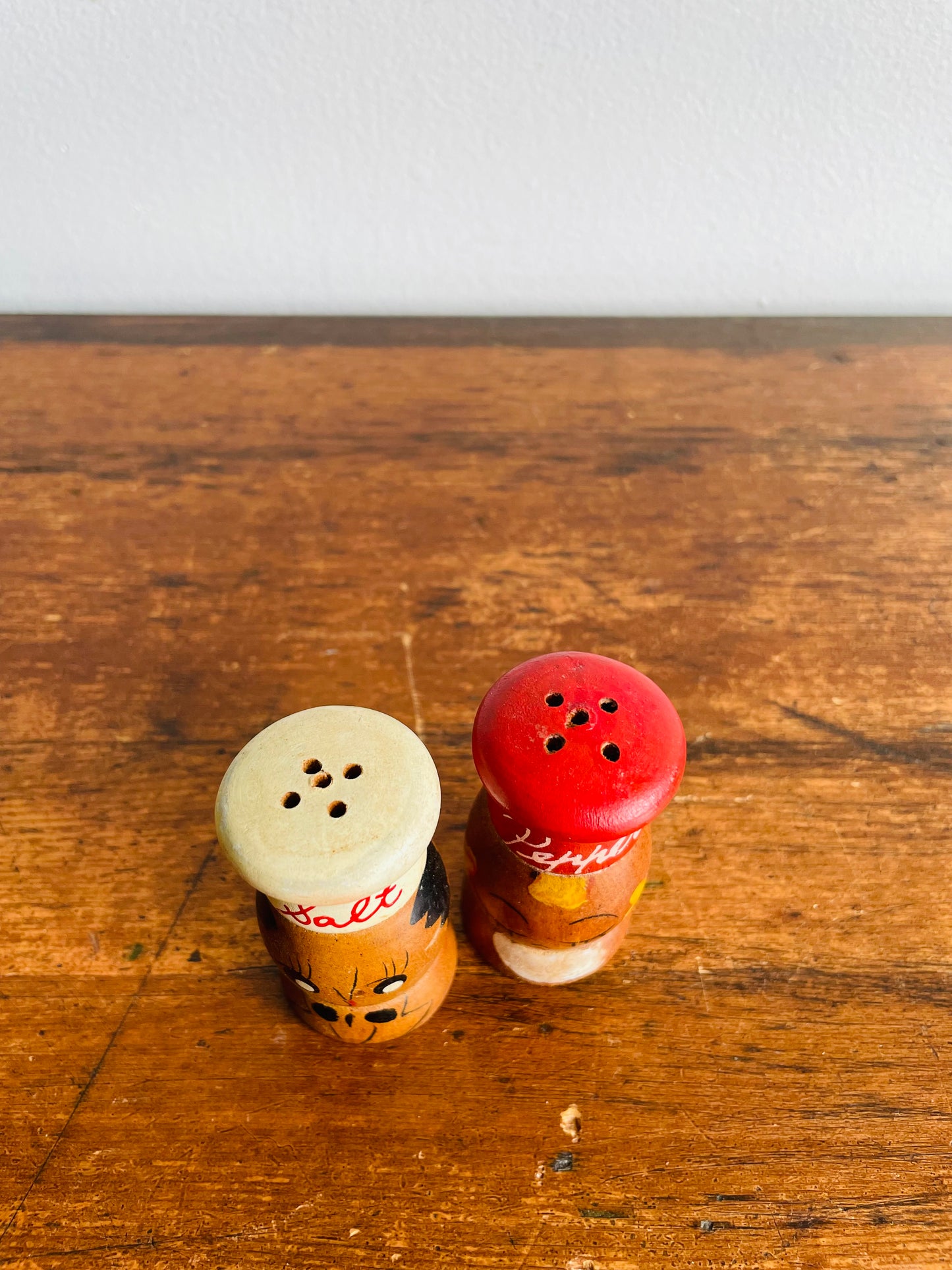 Adorable Wood Salt & Pepper Shakers with Hand Painted Faces