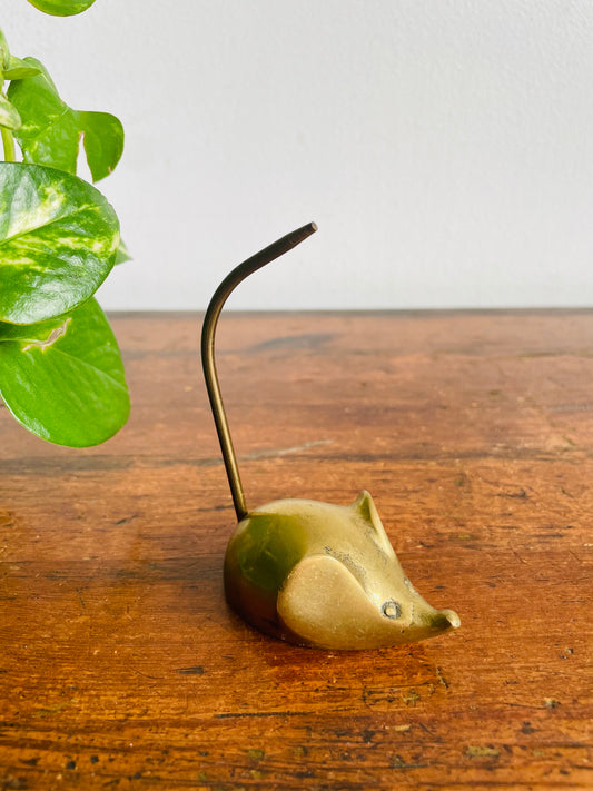 Vintage Solid Brass Mouse Figurine with Long Tail - Receipt / Note Spike or Ring Holder - 3.6” Long Tail / Medium Size - Made in Korea