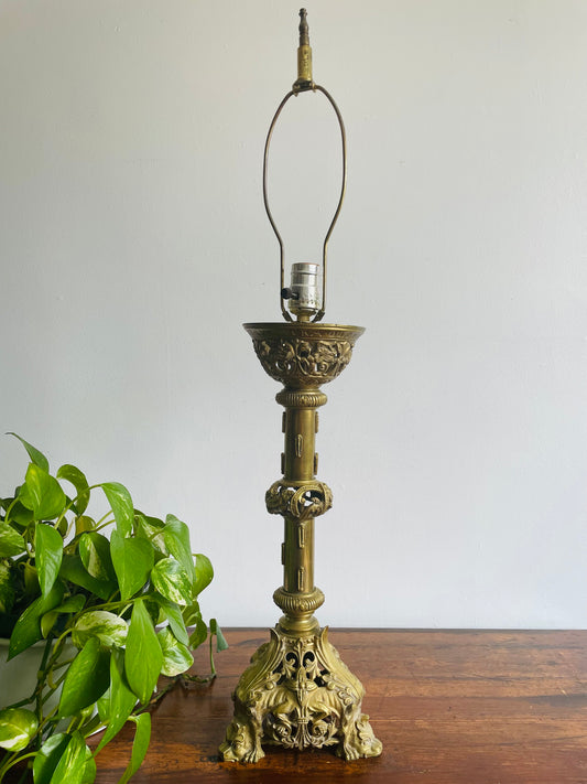 Antique Heavy Solid Brass Church Altar Candle Holder Turned Into Lamp - Originally from Montreal