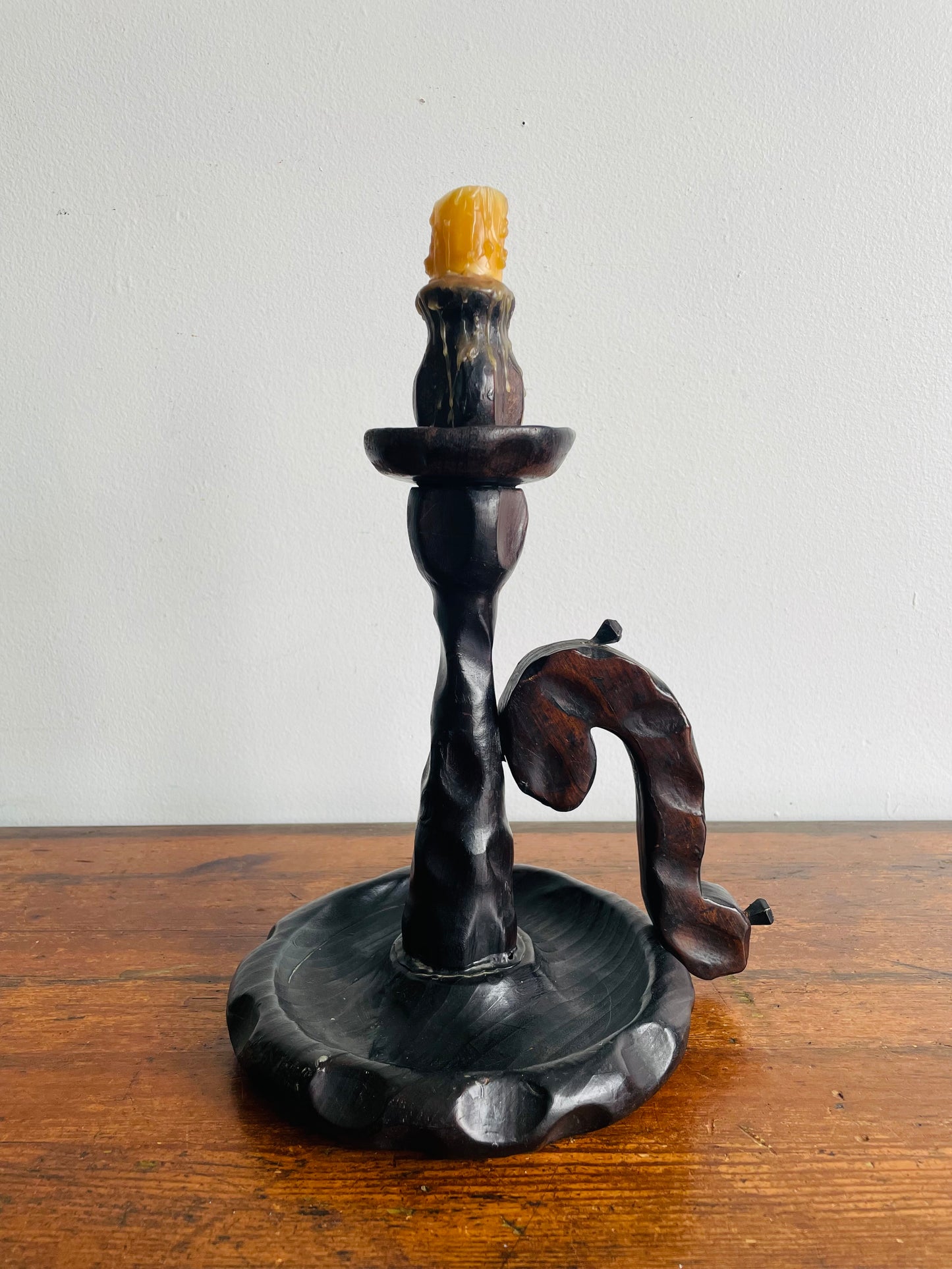 Large Wood Brutalist Spanish Revival Gothic Castlecore Style Chamberstick Candle Holder with Dripping Candle