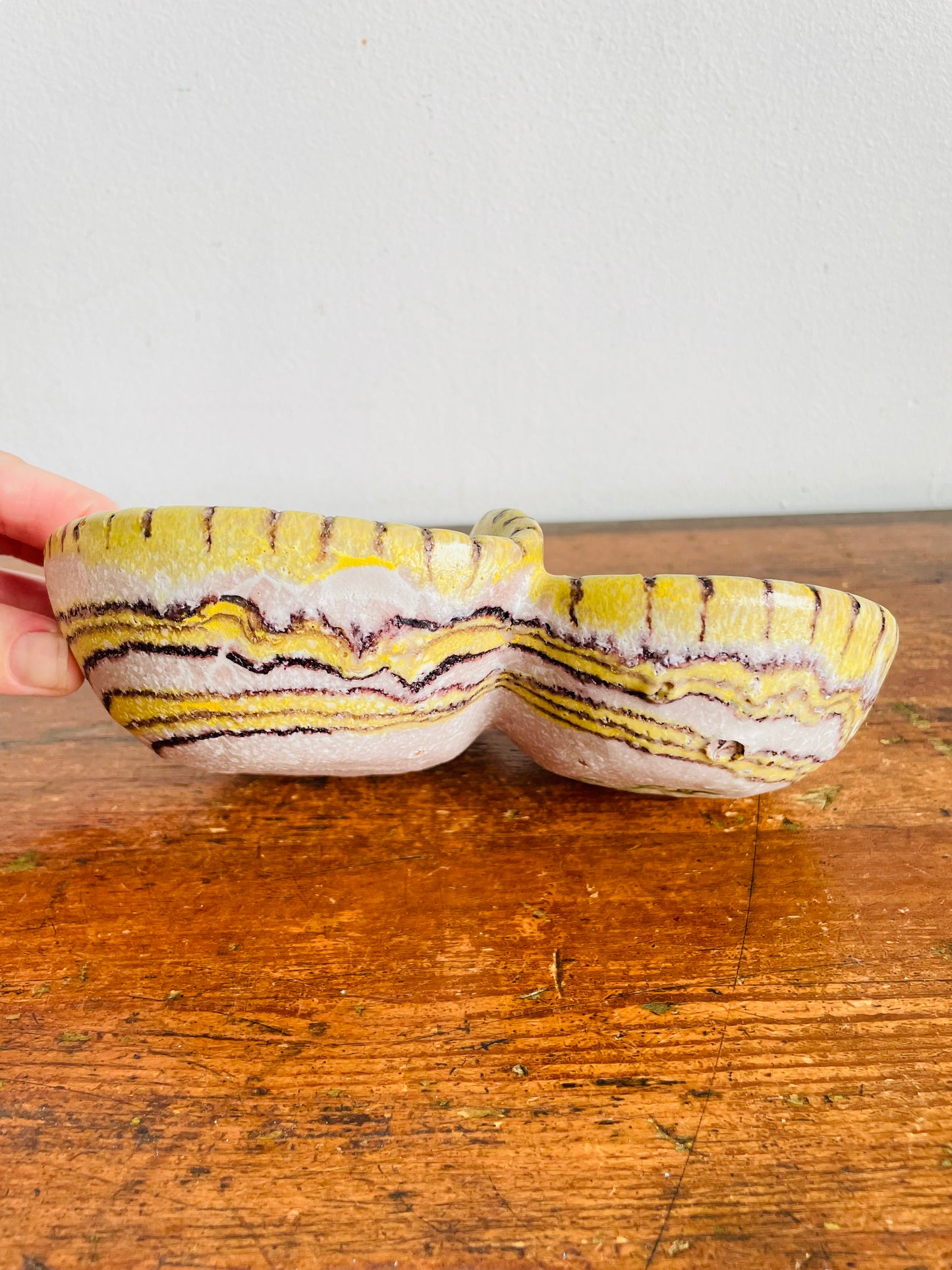 Vintage Mid-Century 1950s Guido Gambone (1909-1969) Ceramic Pottery Divided Bowl Double Dish - La Terrena, Florence - Made in Italy - Donkey Mark - Signed - Modern Abstract Style