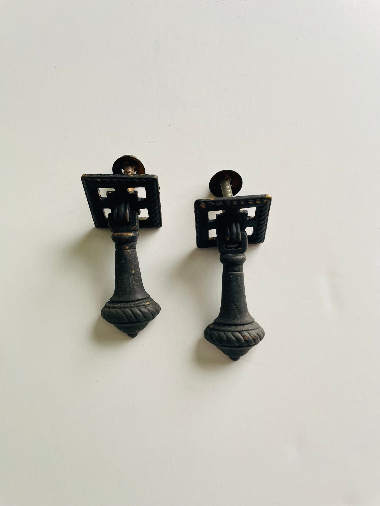 Antique Black Painted Brass Drawer Pull Handles - Set of 2 - As Found