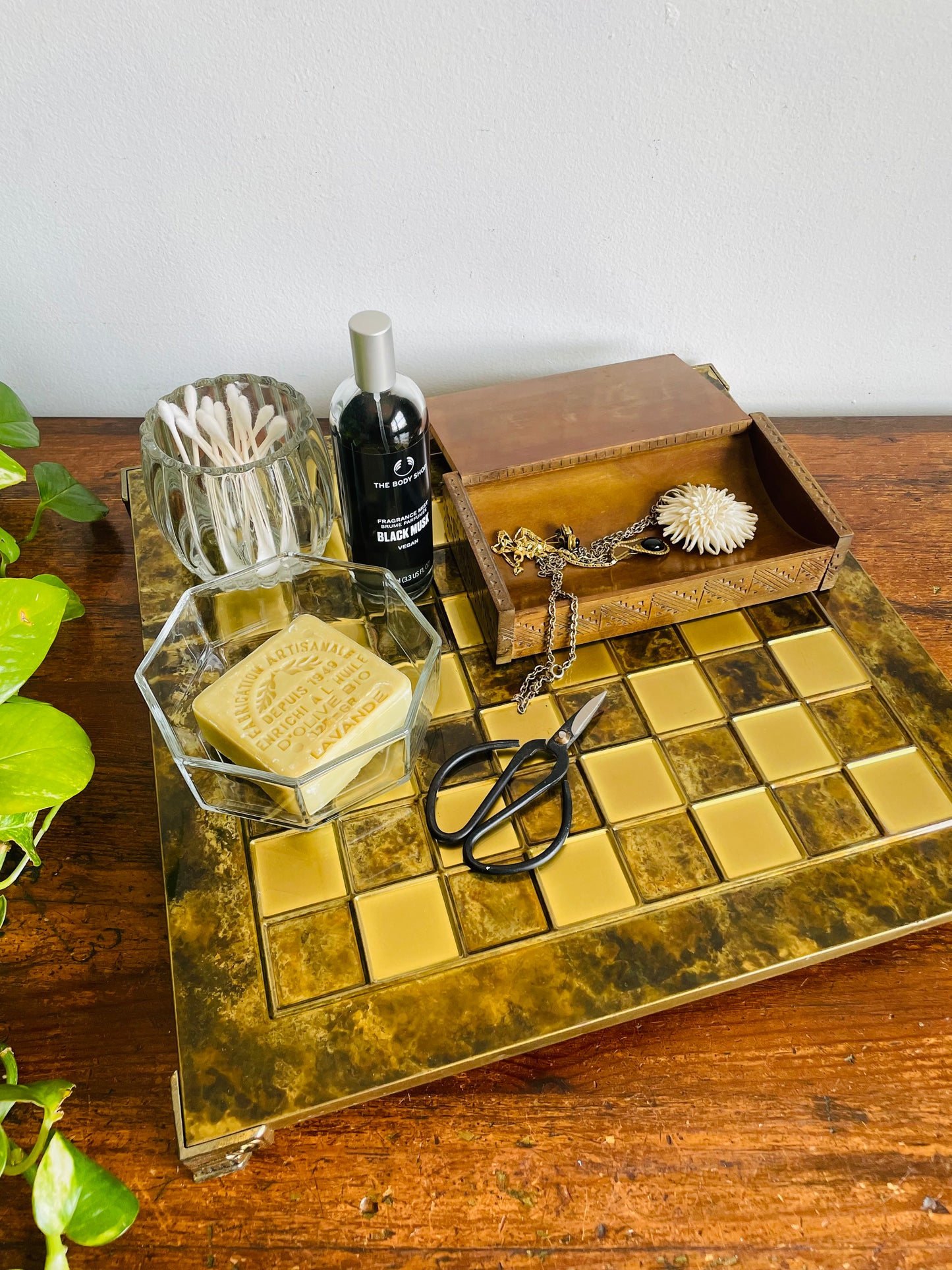 Footed Solid Brass Chessboard with Marbled Design - Great for a Game, Staging, Tray, Background, Etc.