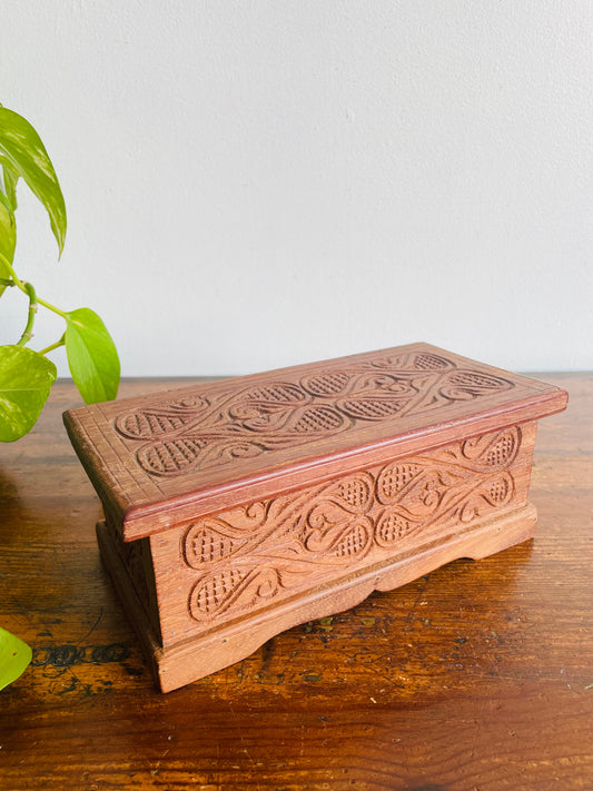 Sturdy Hand Carved Wooden Trinket Box with Interesting Design & Hinged Lid