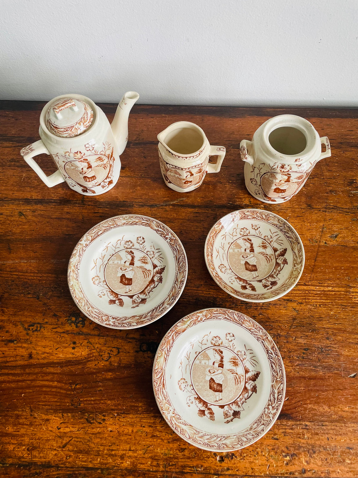 Antique Late Victorian 1880-1890 "Little May / Mae" Pattern 753 Sepia Brown Transferware Children's Toy Tea Set - Charles Allerton & Sons England - Plates, Bowl, Creamer, Biscuit Jar & Teapot - Set of 6 Pieces