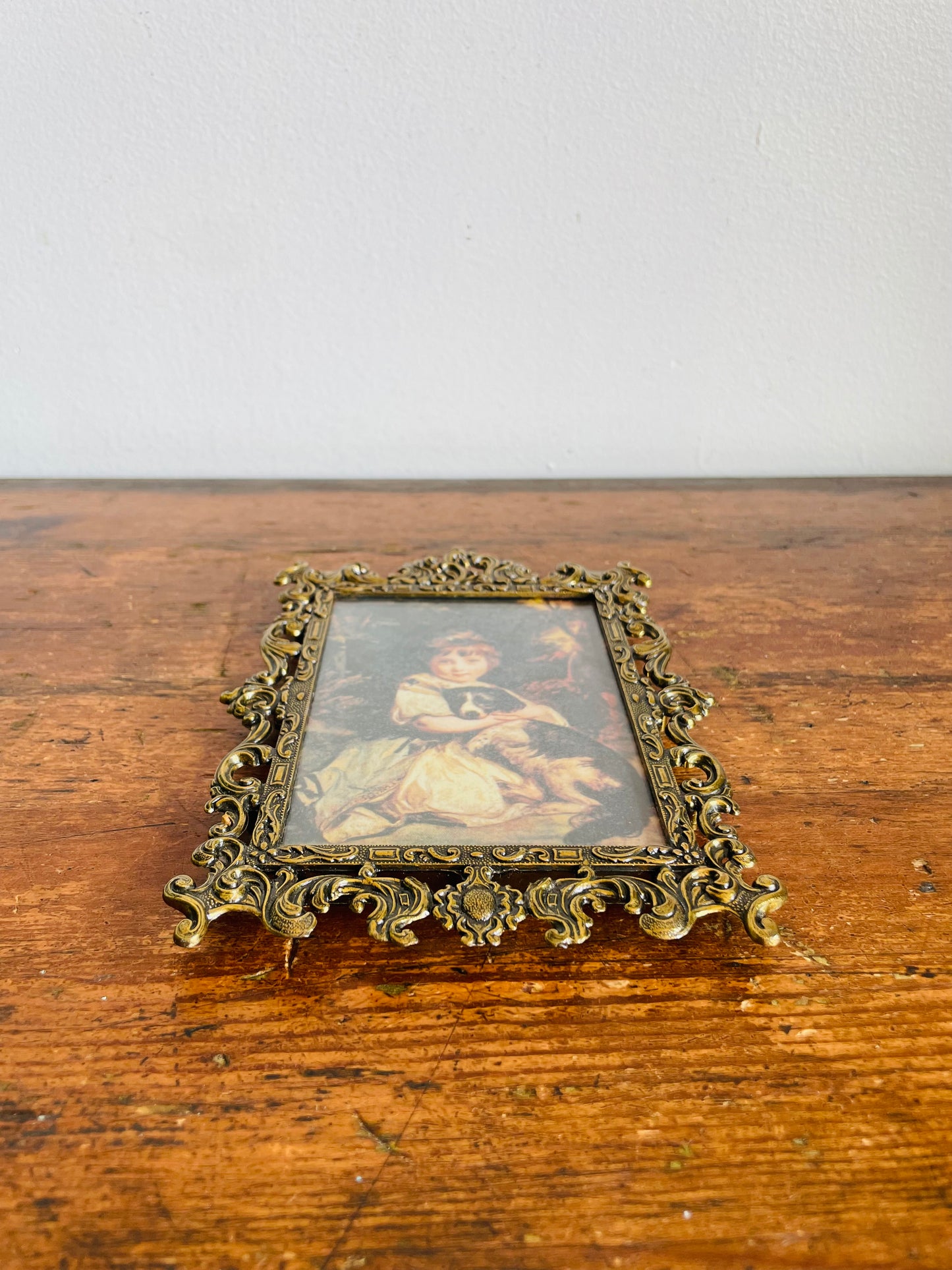 Vintage Ornate Brass Picture Frame with Print of Miss Jane Bowles & Puppy by Sir Joshua Reynolds - Made in Italy