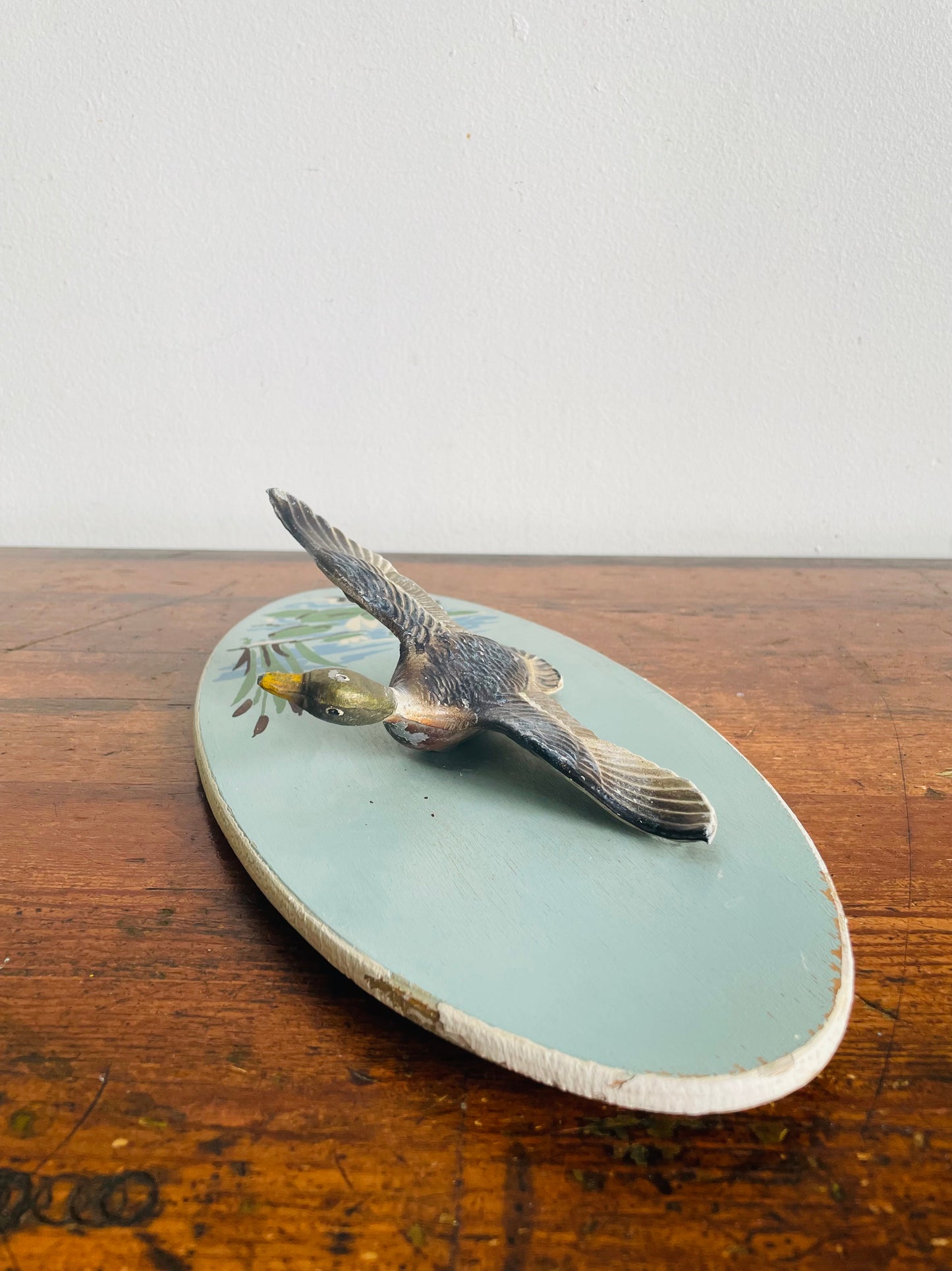 Vintage Hand Painted Oval Wall Plaque Picture with 3D Metal Mallard Duck in Flight