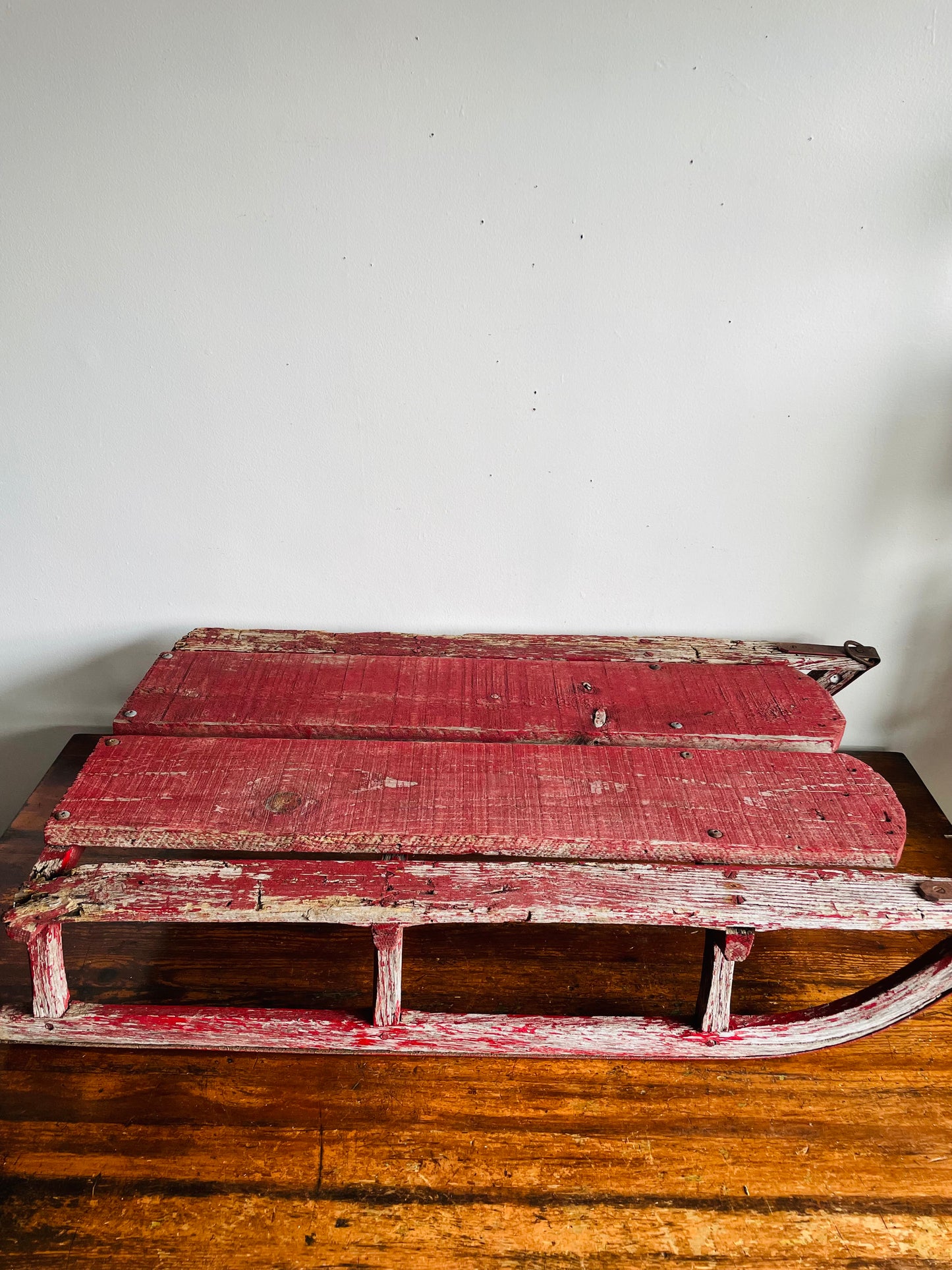 Vintage Rustic & Weathered Chippy Red Sled with Metal Runners & Hardware - Makes Great Porch Decor!