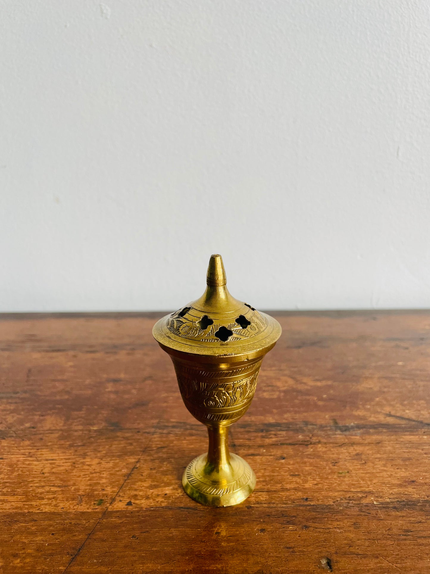 Solid Brass Goblet Shaped Incense Burner with Stem and Lid