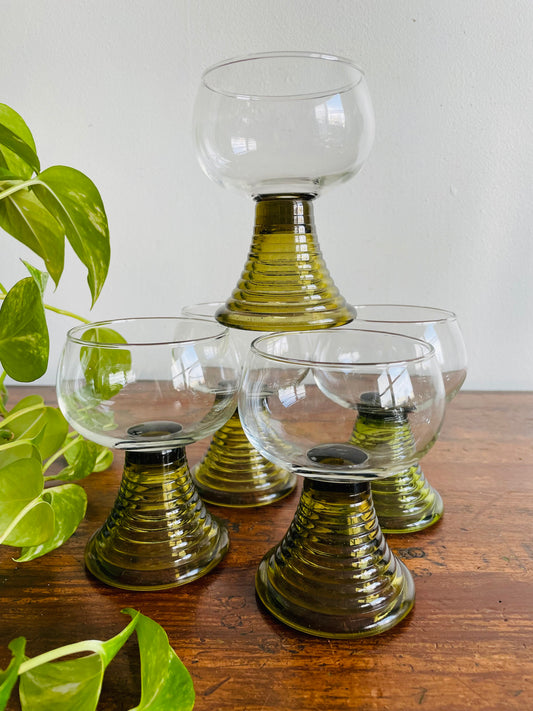 German Roemer Wine Glasses with Olive Green Hollow Beehive Stems - Set of 5