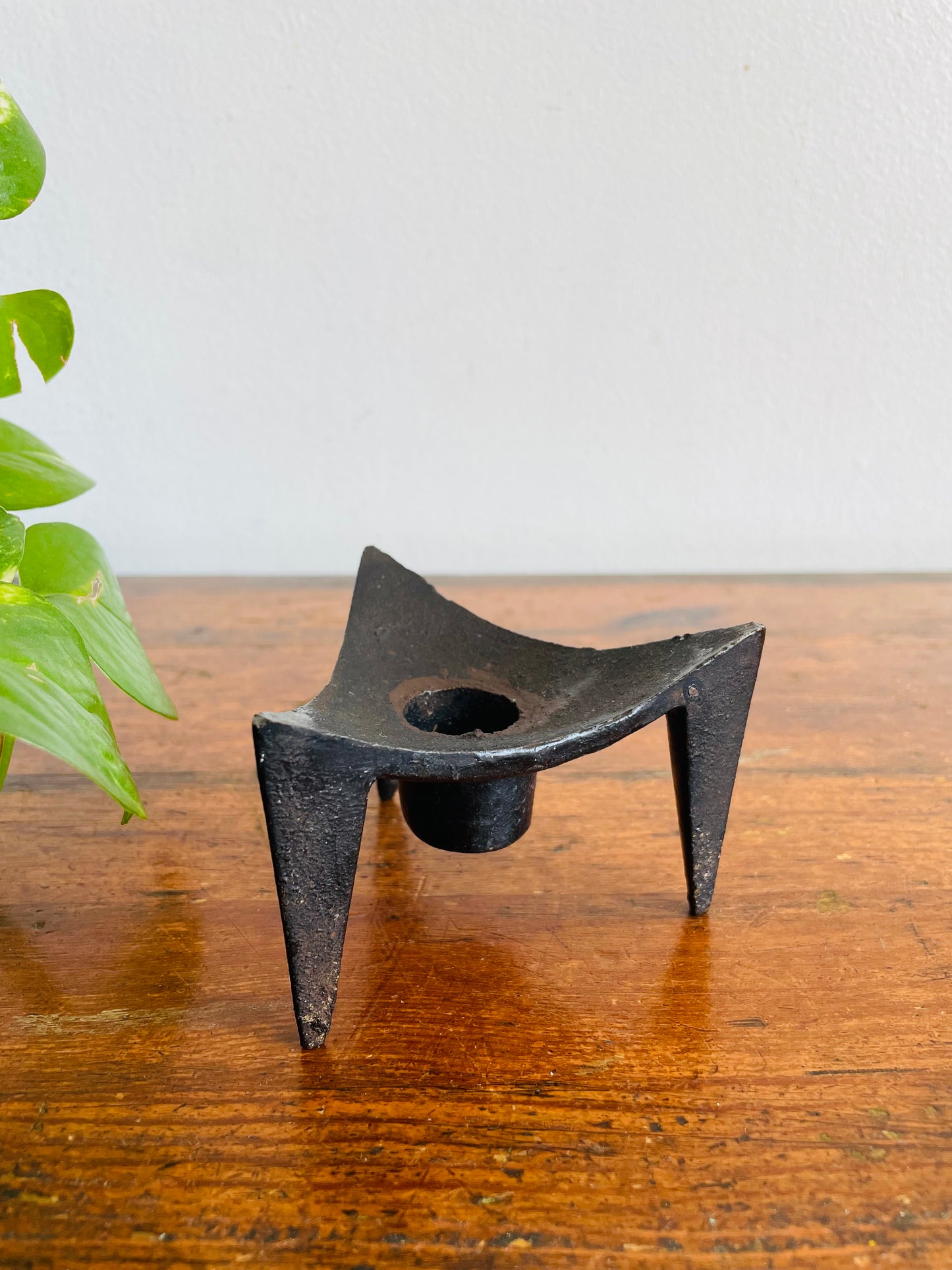 Vintage Mid-Century Modern Scandinavian Style Tripod Black Cast Iron Candle Holder