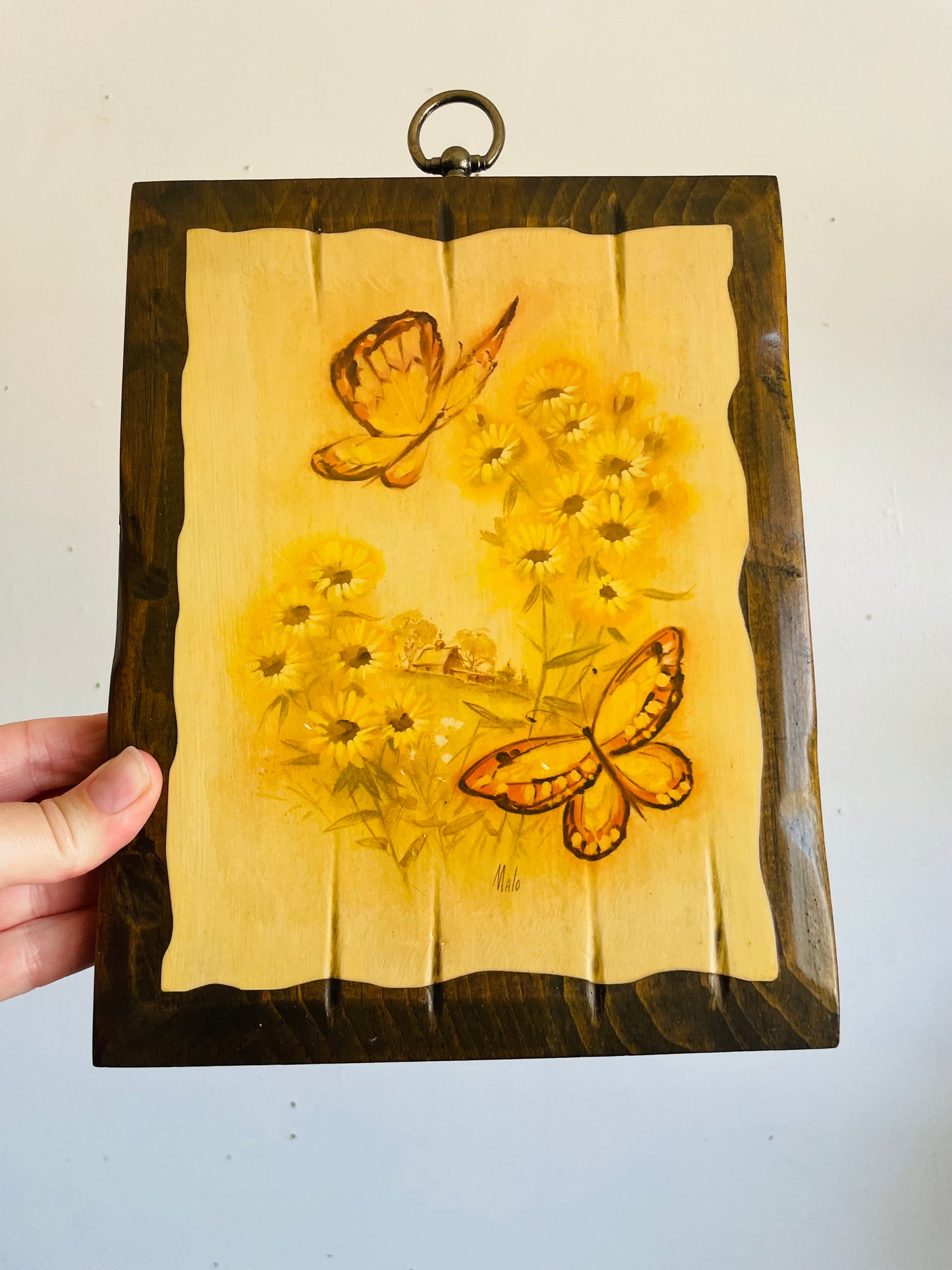 Vintage Wood Plaque Picture with Yellow & Orange Butterflies & Flowers