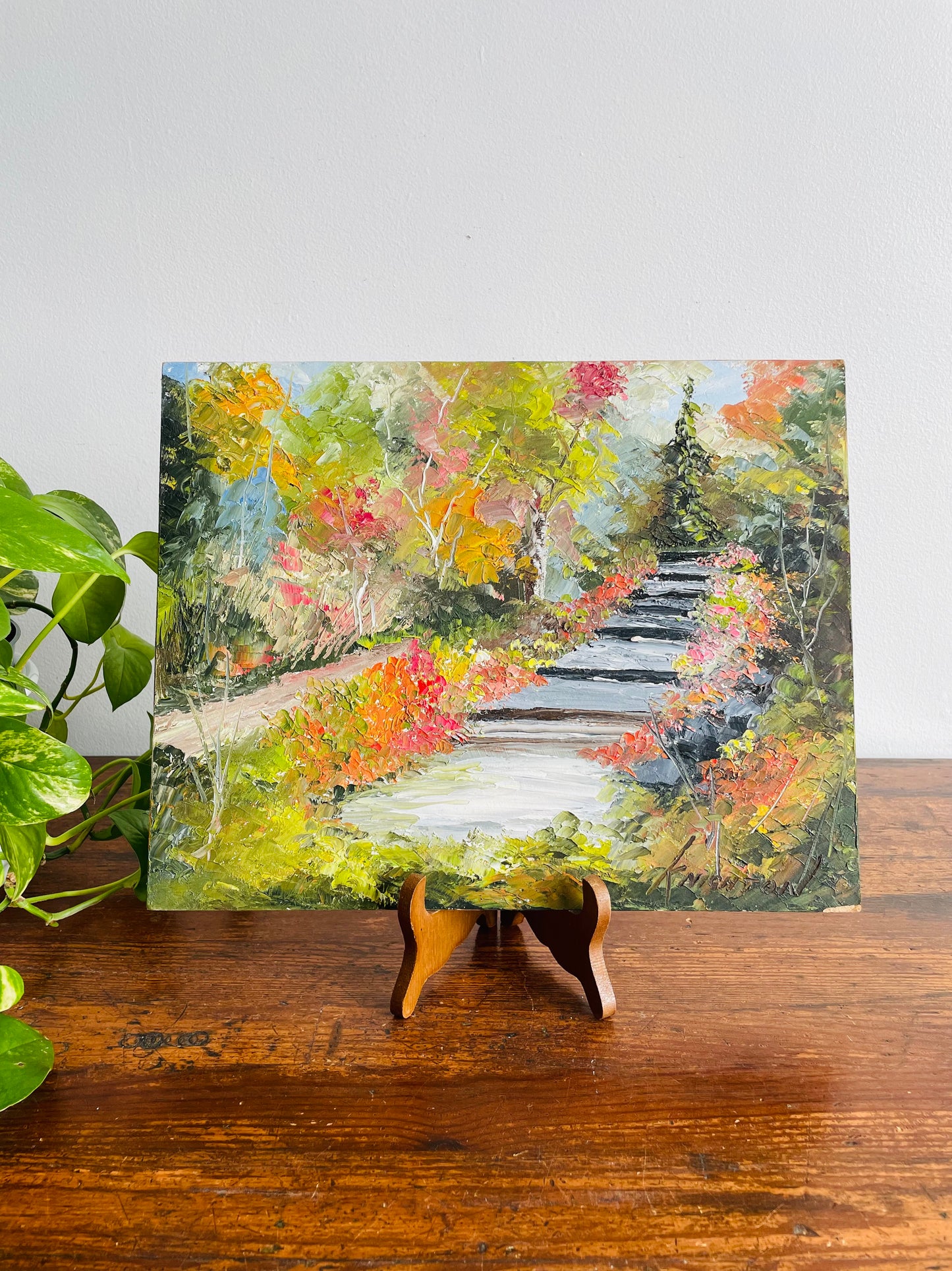 SIGNED Original Art Oil Painting on Masonite Board by Canadian Grimsby Artist James Knighton - Vibrant Flowers Along Garden Path