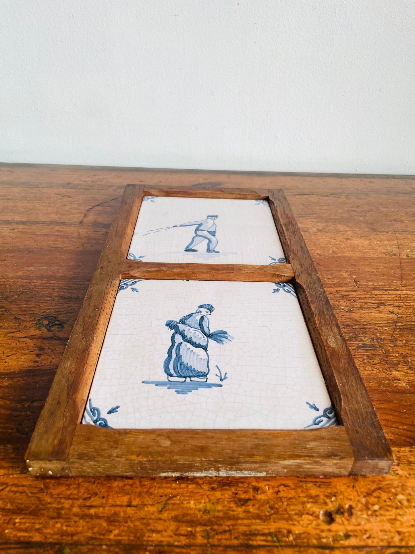 Vintage Framed in Wood Dutch Tiles with Blue & White Farming / Farmer Scenes