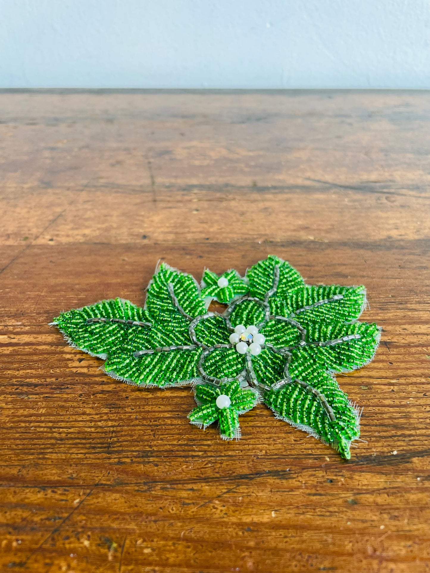 Handmade Green Flower Beaded Appliqué Patch