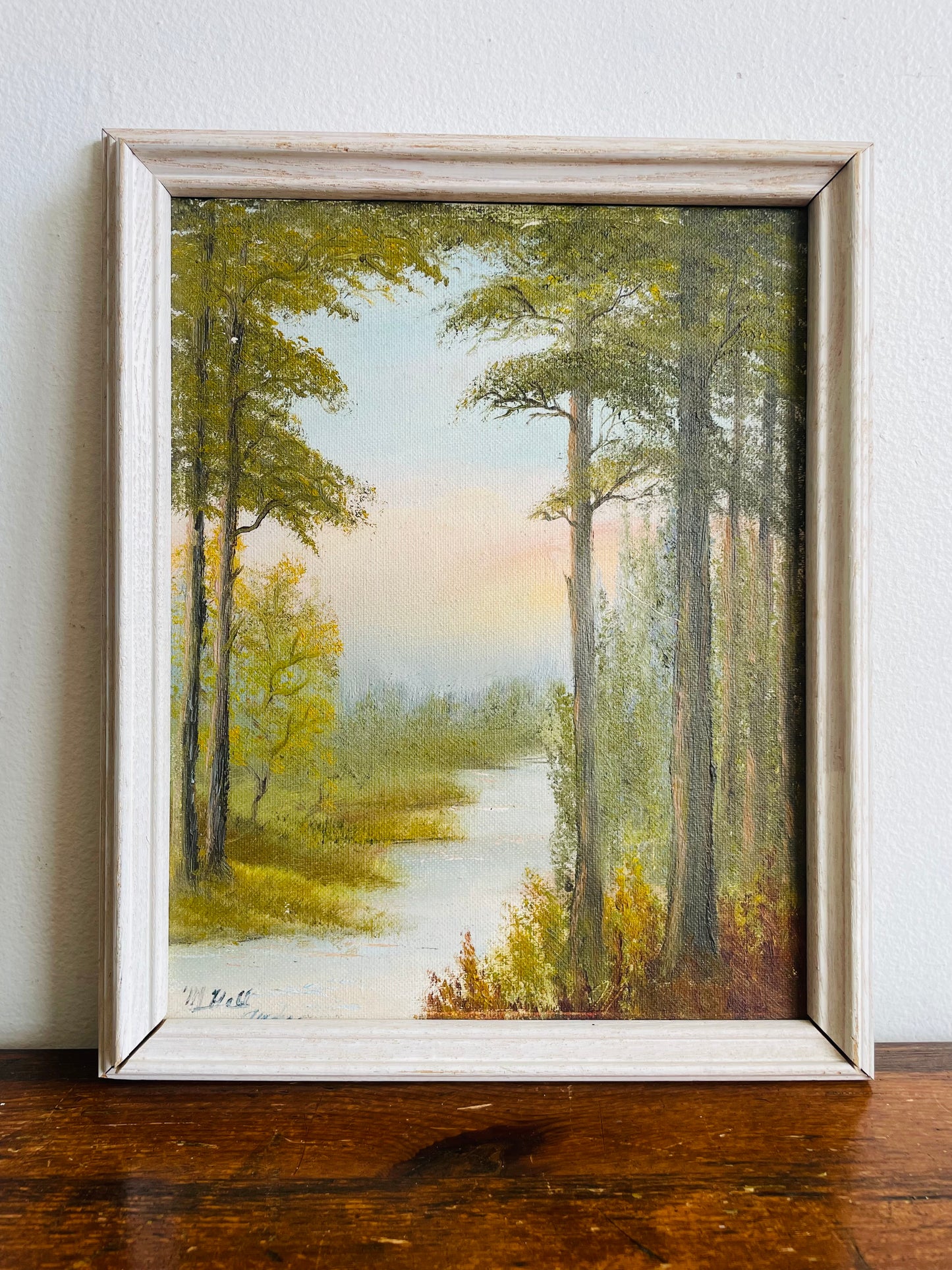 Vintage Original Art Painting Picture of Stream Through Forest in White Wood Frame - Artist Signed