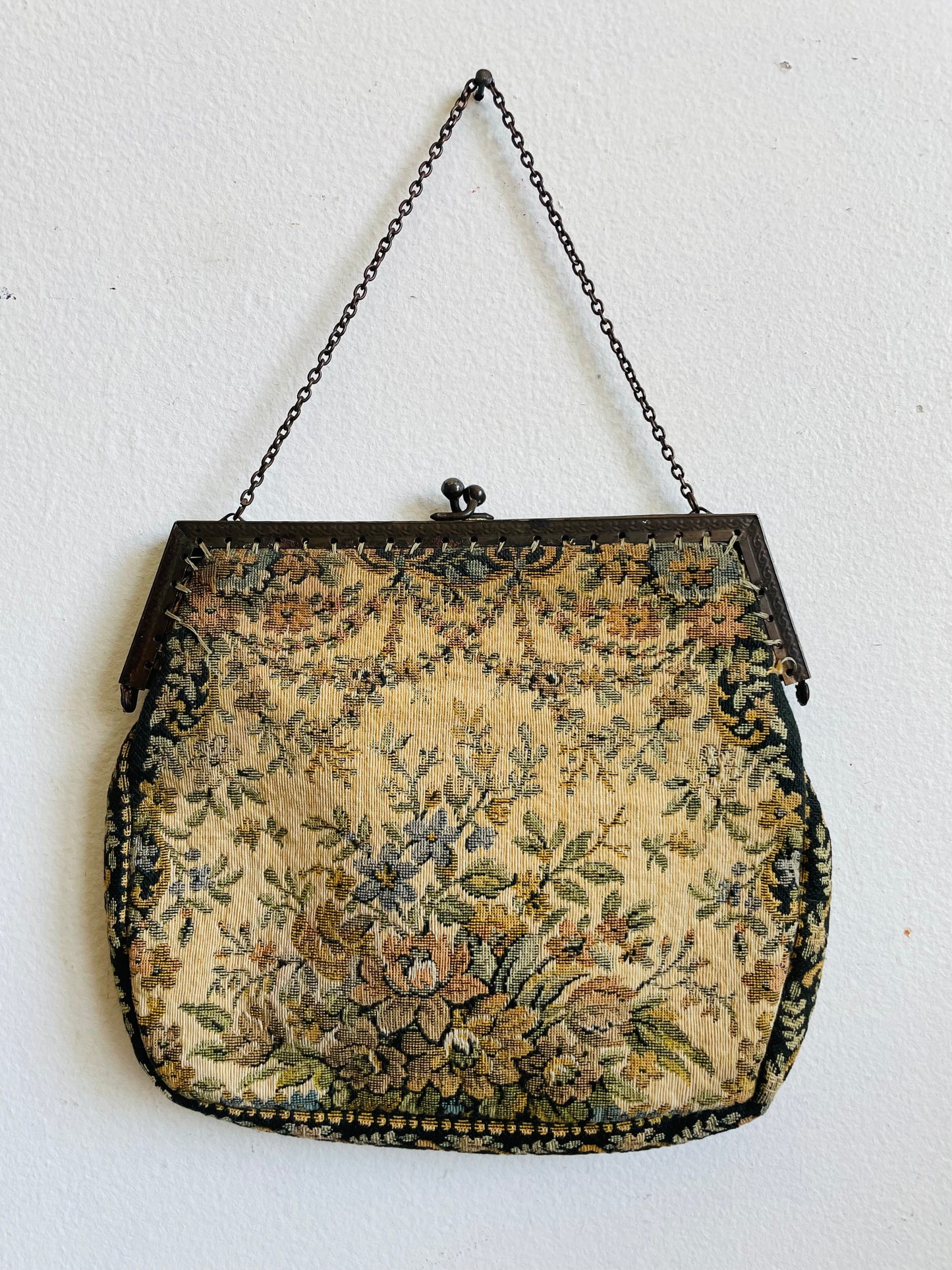 Antique French Floral Tapestry Clutch Purse on Chain - Made in France