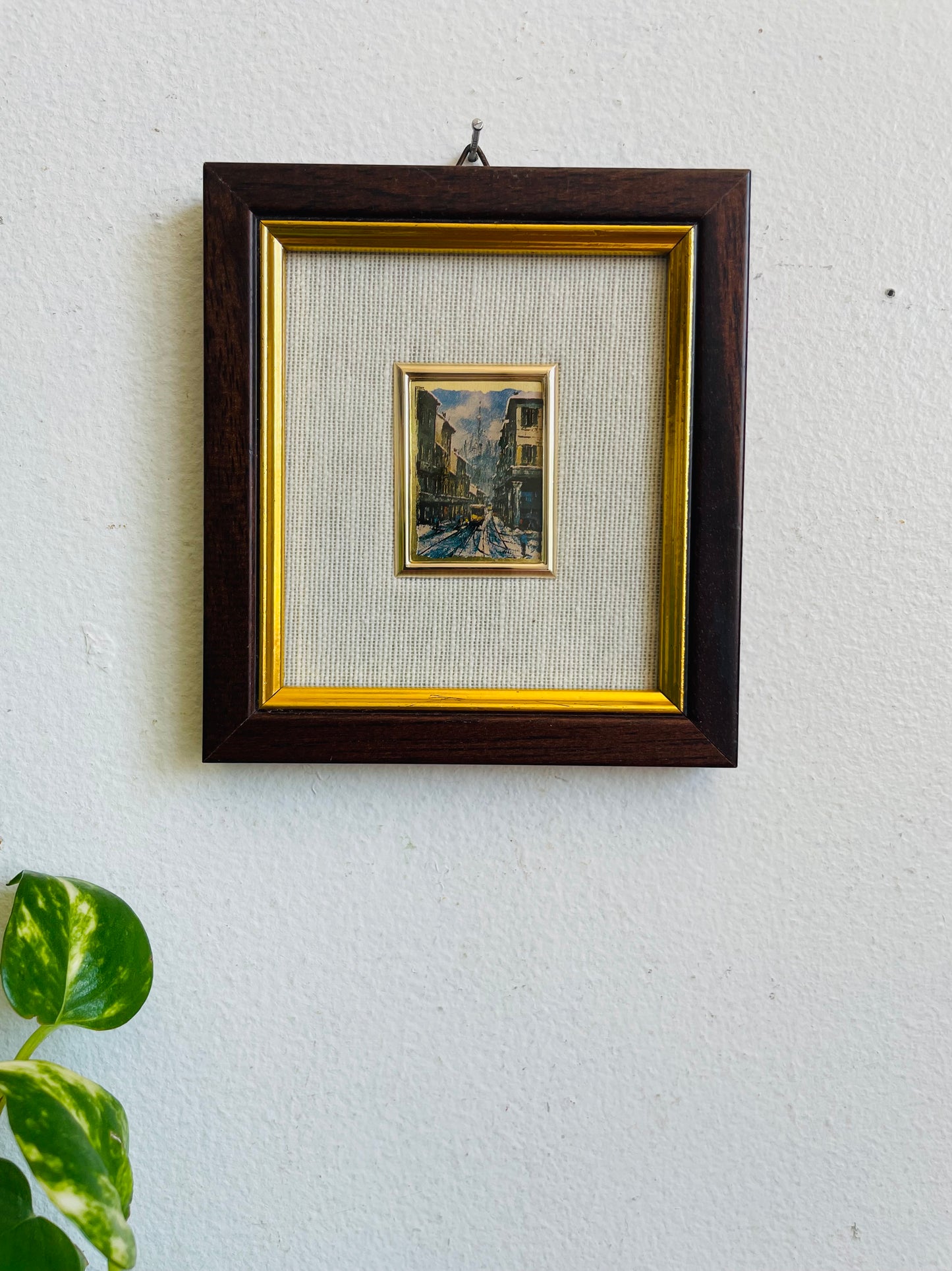 Vintage Italian Hand-Pressed Lithography on Gold Leaf Picture with European City Scene