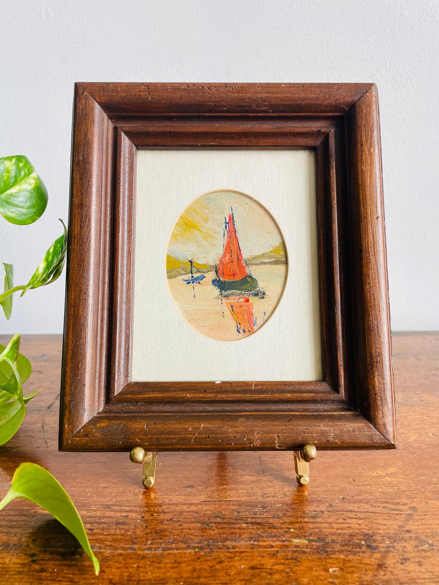 Vintage Original Art Oval Painting Picture of Sailboats on Lake - Painting Found in Venice, Italy