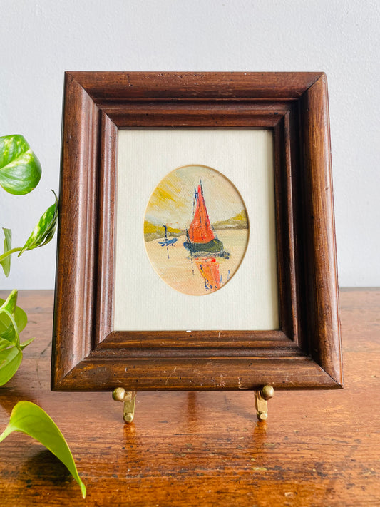 Vintage Original Art Oval Painting Picture of Sailboats on Lake - Painting Found in Venice, Italy