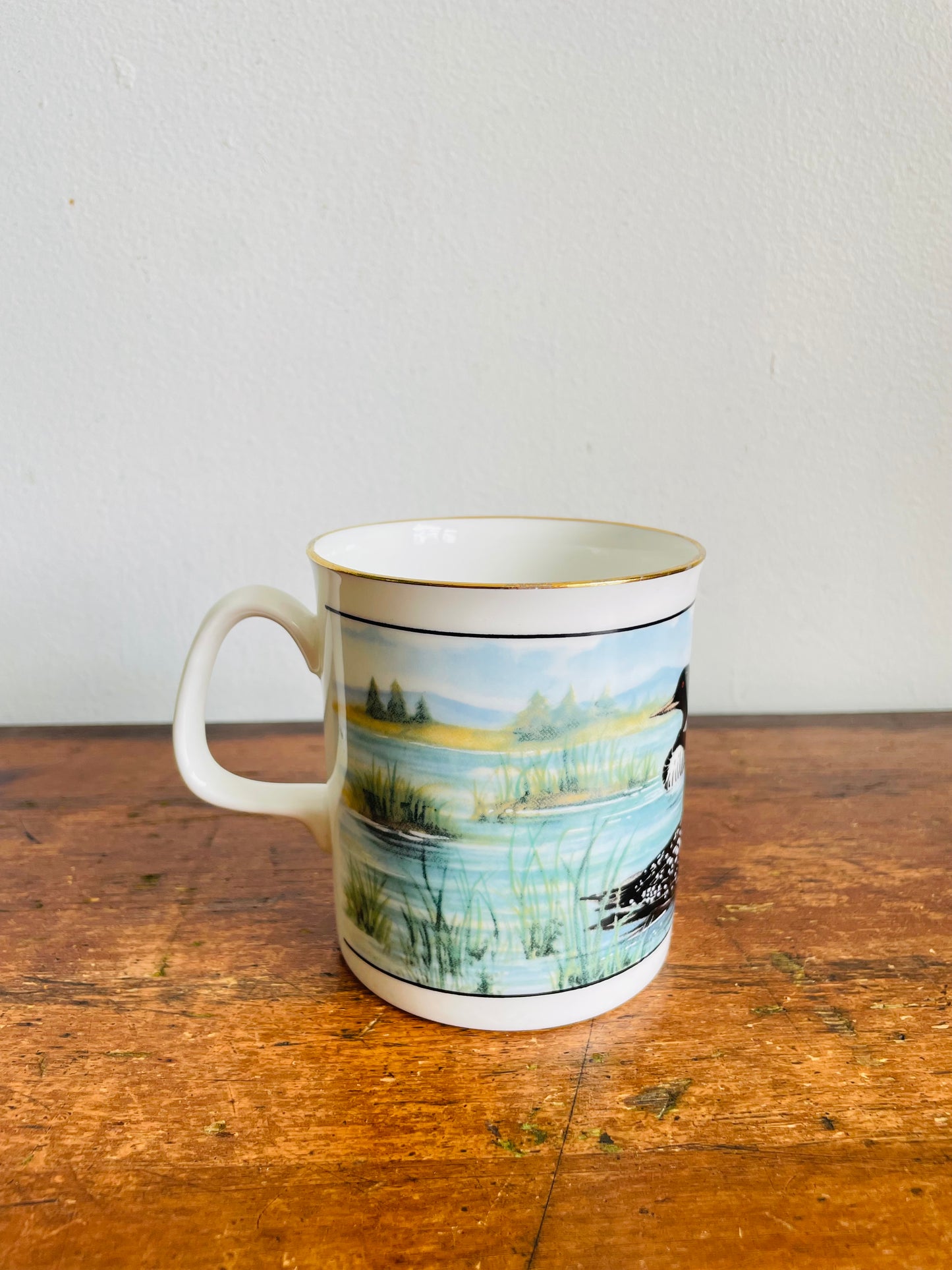 Vintage Mug With Loon Birds on Lake Graphic #2 - Sunrise Fine Bone China - Made in Canada
