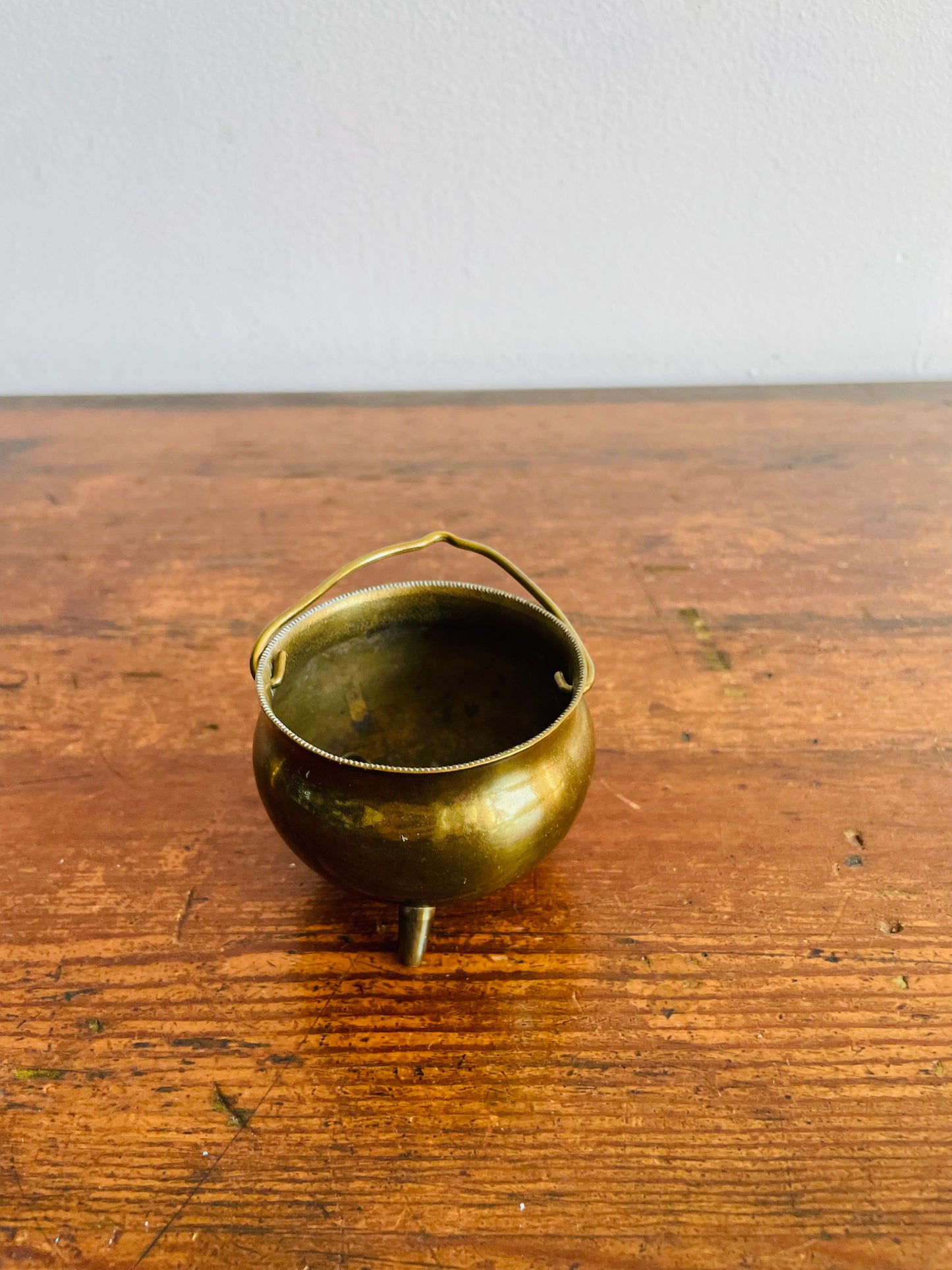 Miniature Footed Brass Cauldron Pot with Handle