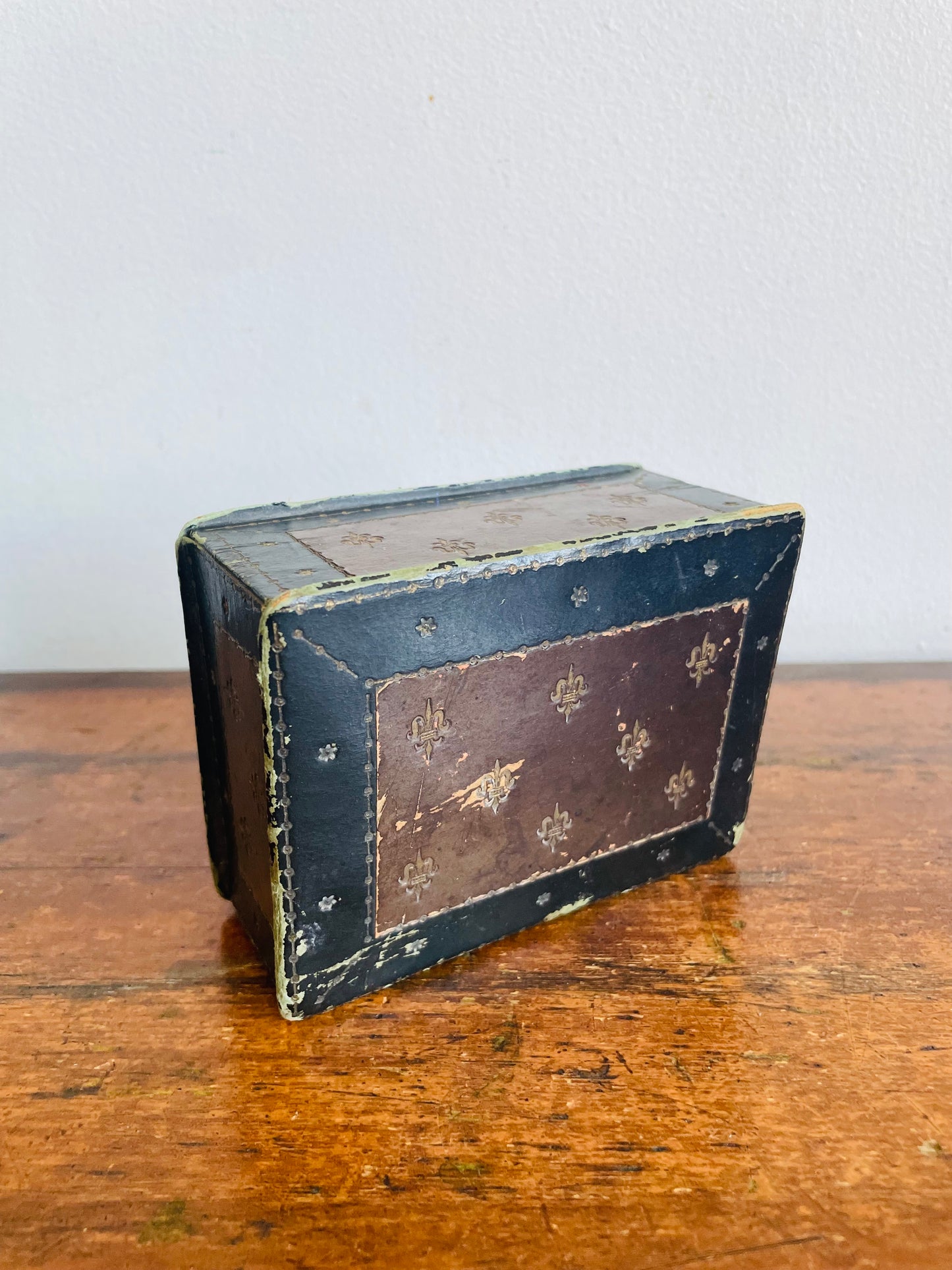 Vintage Black & Brown Italian Tooled Leather Box with Sloped Design & Hinged Lid - Wood Interior