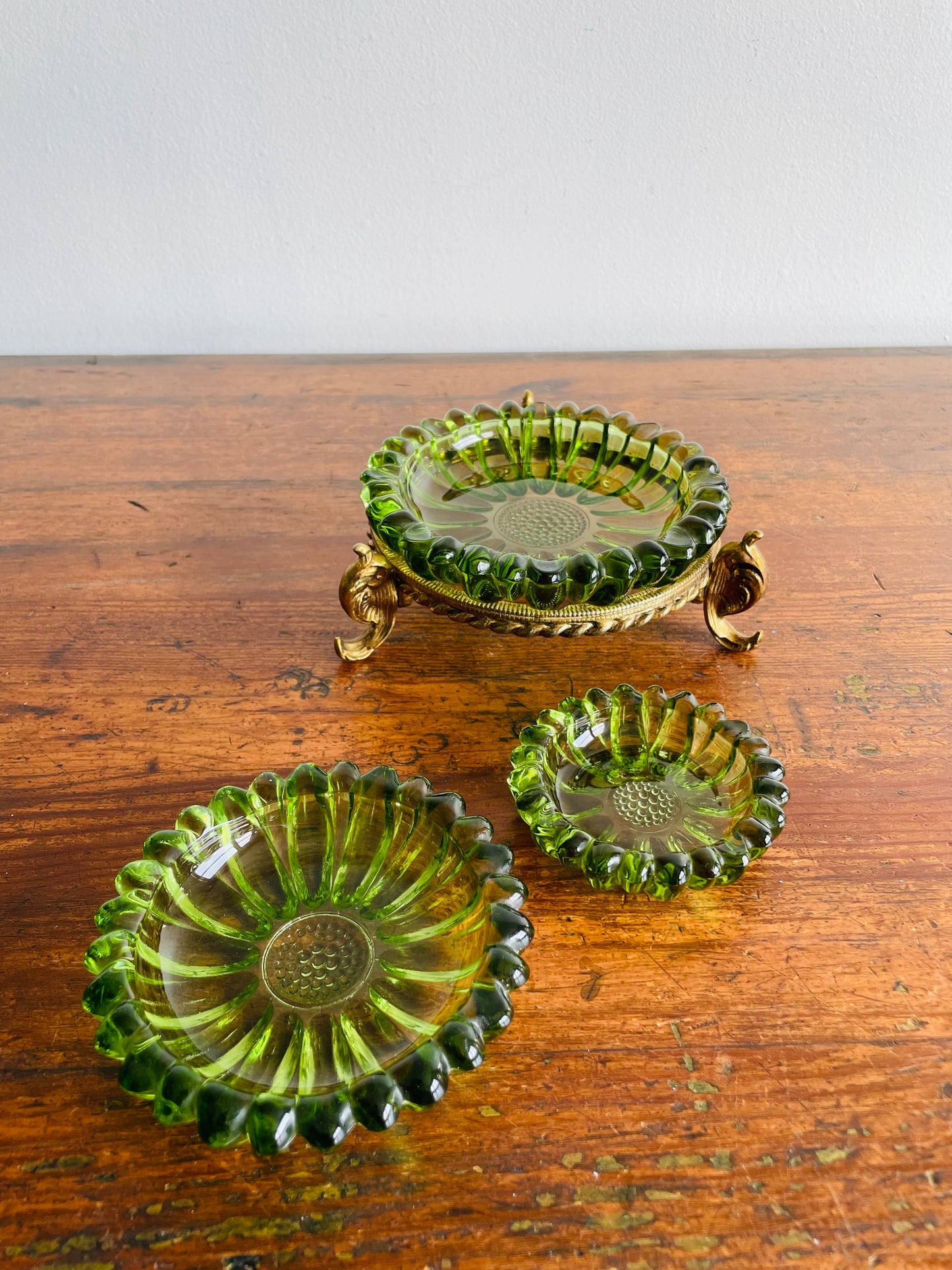 Hazel Atlas Green Glass Nesting Flower Ashtrays or Trinket Dishes in Solid Brass Holder - Set of 4 Pieces