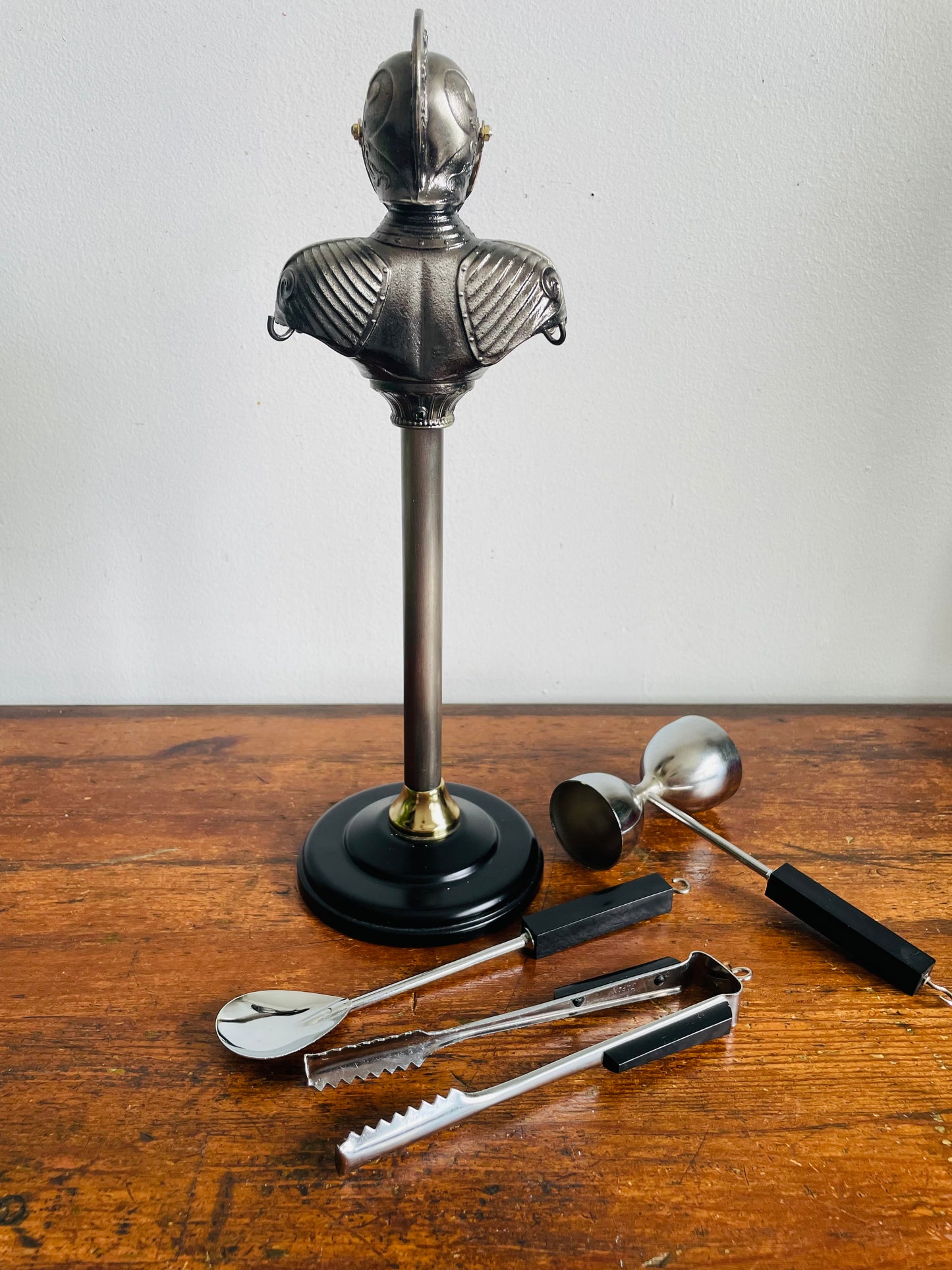 Vintage Knight in Armour Barware Set - Includes 3 Utensils - Tongs, Spoon & Measuring Jigger - Made in Japan