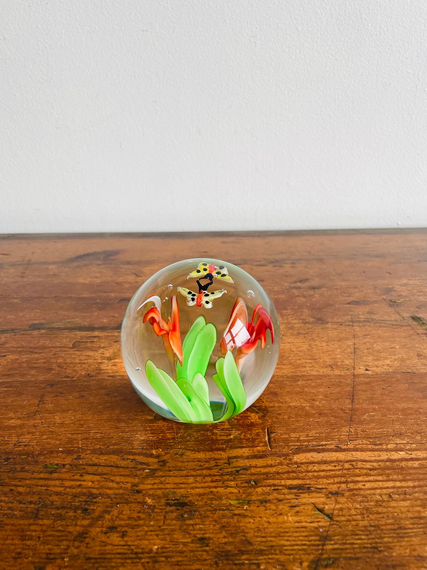 Italian Murano-Style Blown Glass Paperweight with Butterflies & Flowers