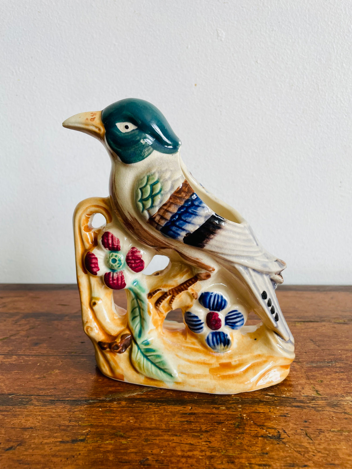 Vintage 1950s/60s Hand Painted Florart Ceramic Bird on Branch with Flowers Vase Planter