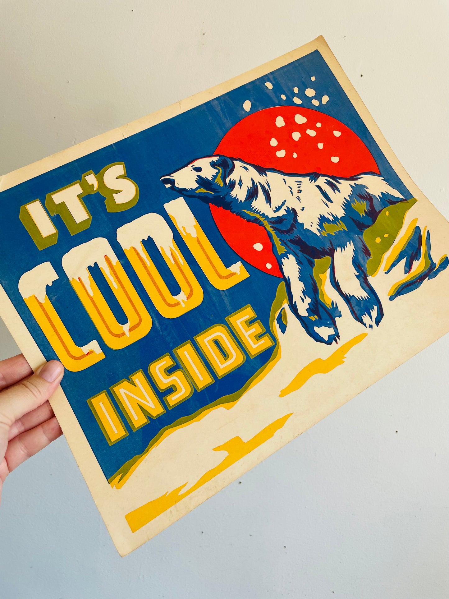 Vintage It's Cool Inside Shop Window Advertising Marketing Sign - Polar Bear with Snow - From When Air Conditioning Was a New Novelty in Shops