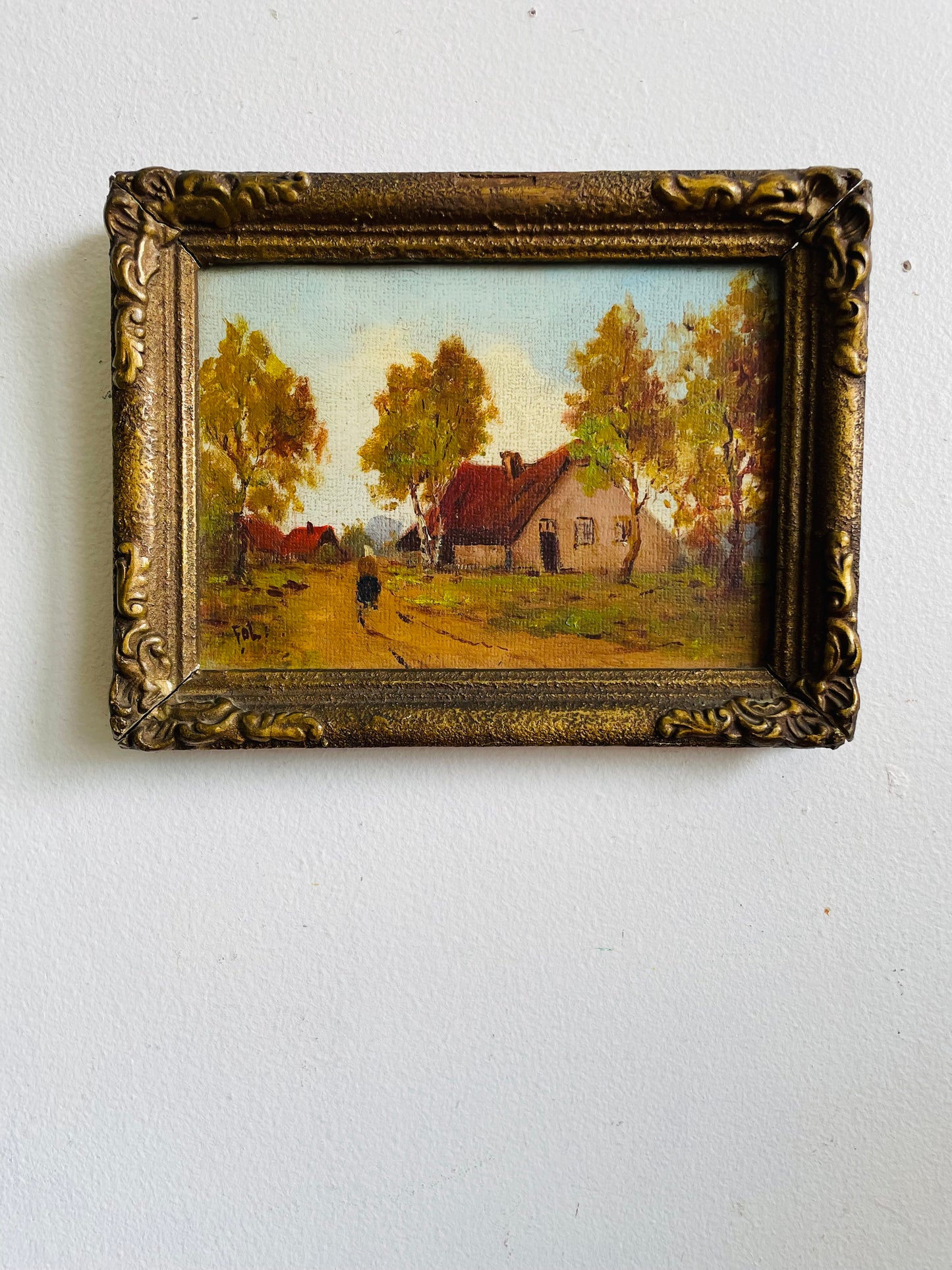 Vintage Original Art Painting in Gold Frame - European Rural Countryside Scene with Houses & Woman Walking Down Lane - Artist Signed