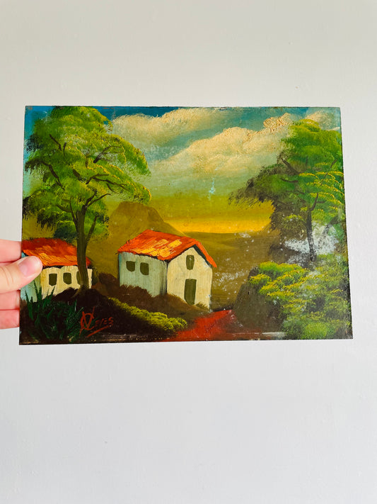Original Art Painting of Houses in Mountains - Artist Signed - Found in Lisbon, Portugal