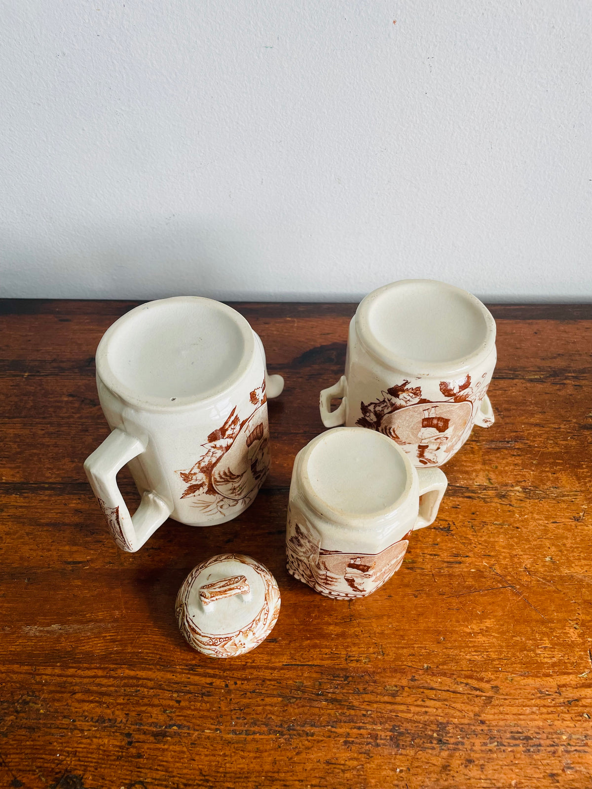 Antique Late Victorian 1880-1890 "Little May / Mae" Pattern 753 Sepia Brown Transferware Children's Toy Tea Set - Charles Allerton & Sons England - Plates, Bowl, Creamer, Biscuit Jar & Teapot - Set of 6 Pieces
