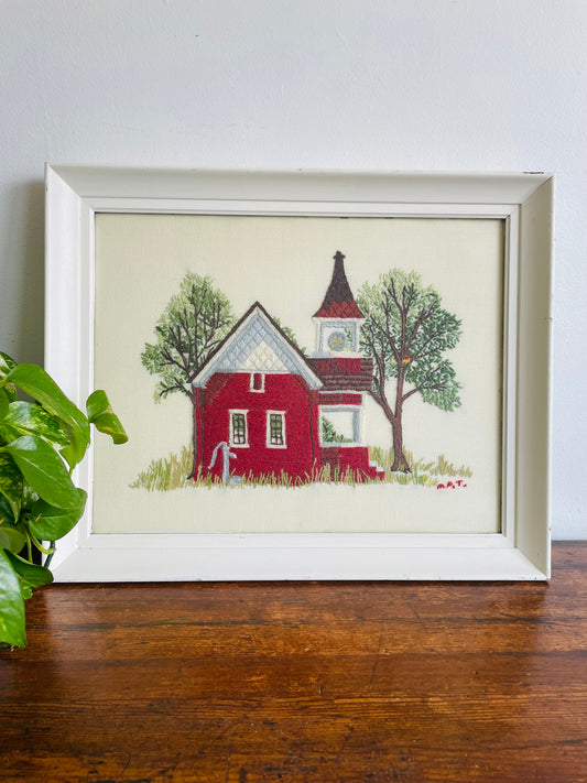 Absolutely Adorable Framed Crewel Needlepoint Embroidery Picture of Red One Room Schoolhouse