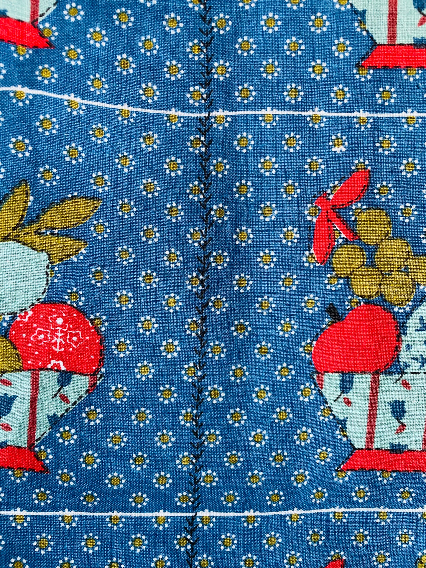 Adorable Blue Linen Tablecloth with Flower Background & Fruit Bowl Graphic - Also Makes Great Fabric!