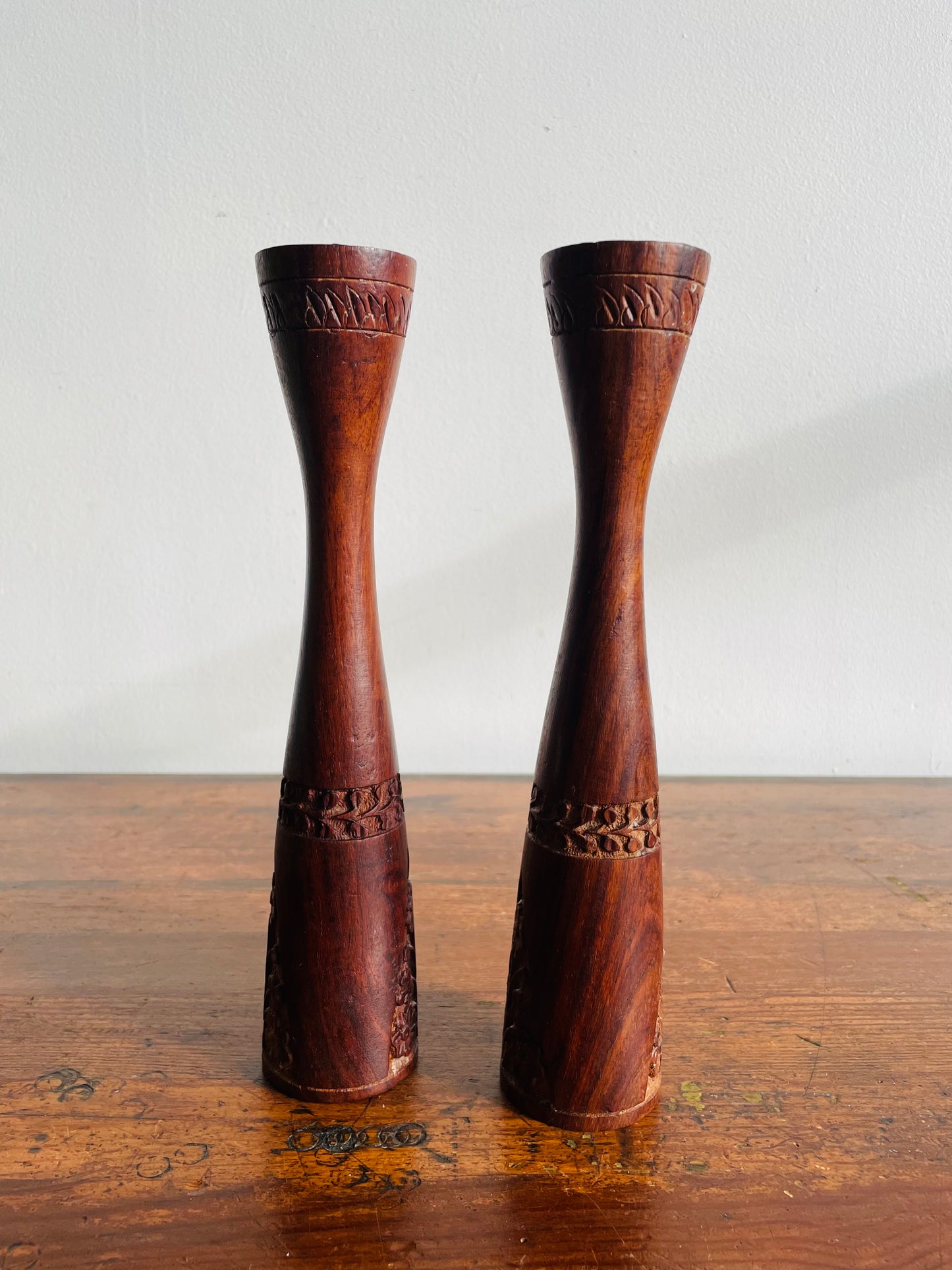 Tall & Shapely Indian Rosewood Candle Holders with Carved Floral Design - Set of 2 - Made in India