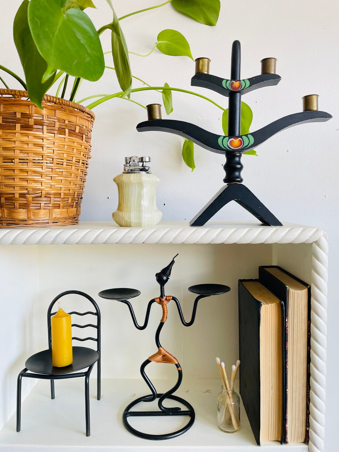 Vintage Mid-Century Modern 1960s Danish Black Iron & Rattan Dancing Man Candle Holder - Designed by Laurids Lønborg