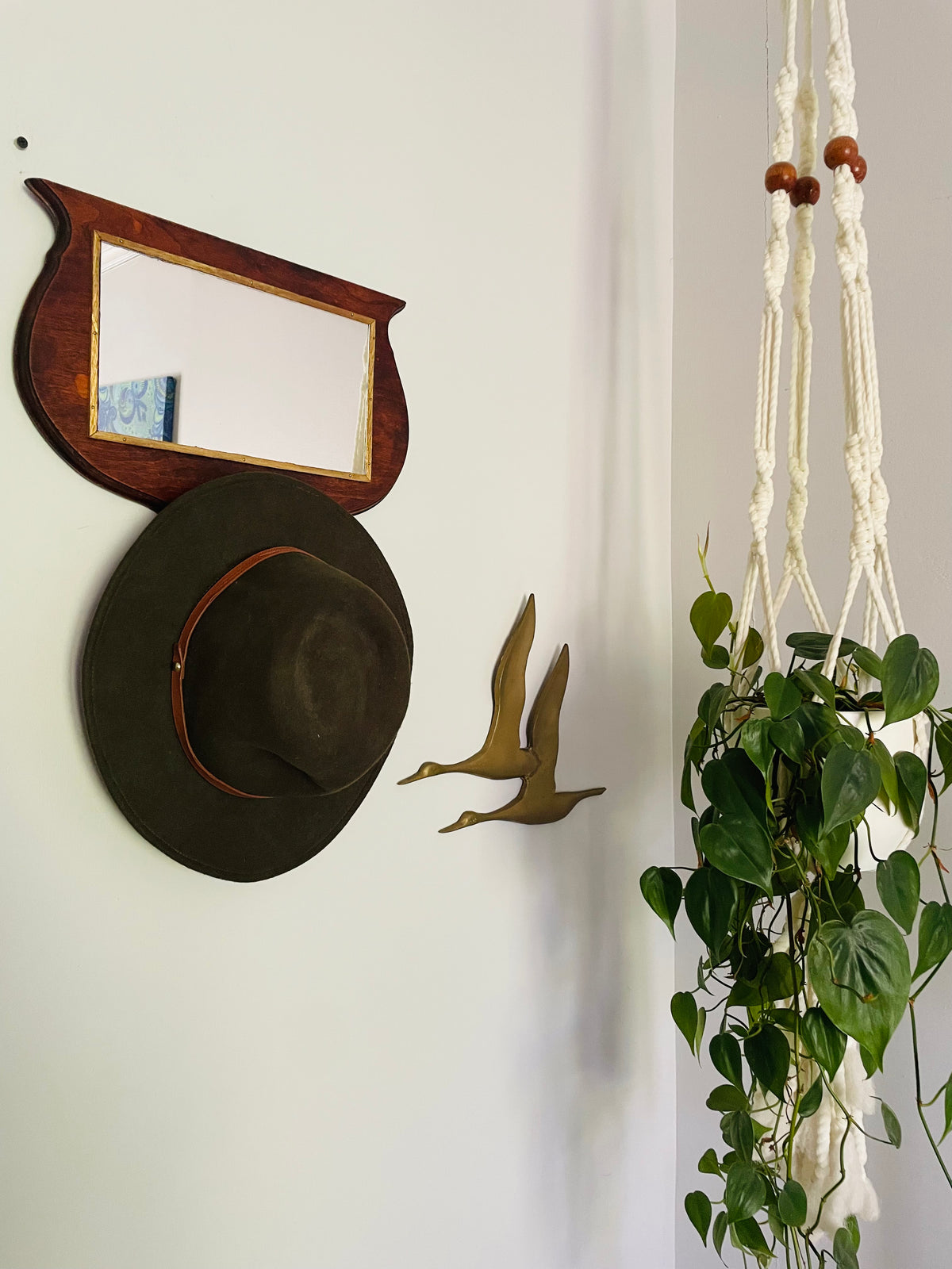 Vintage / Antique Wood Mirror with Gold Trim & Brass Hook for Hanging Items